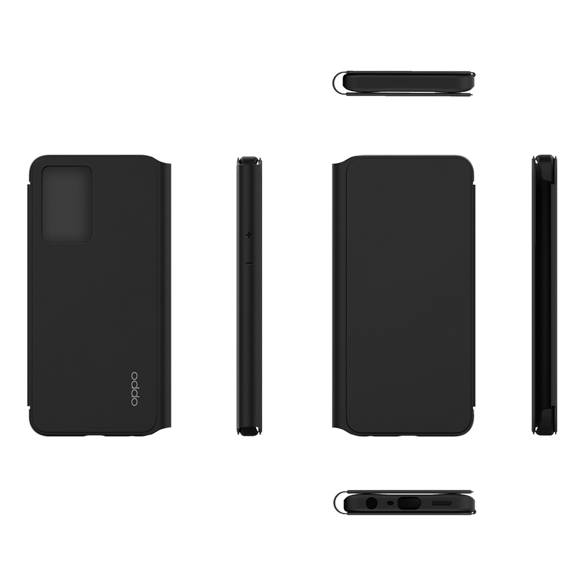 Diverse viste di una custodia per telefono Oppo nera, chiusa e aperta, su sfondo bianco.