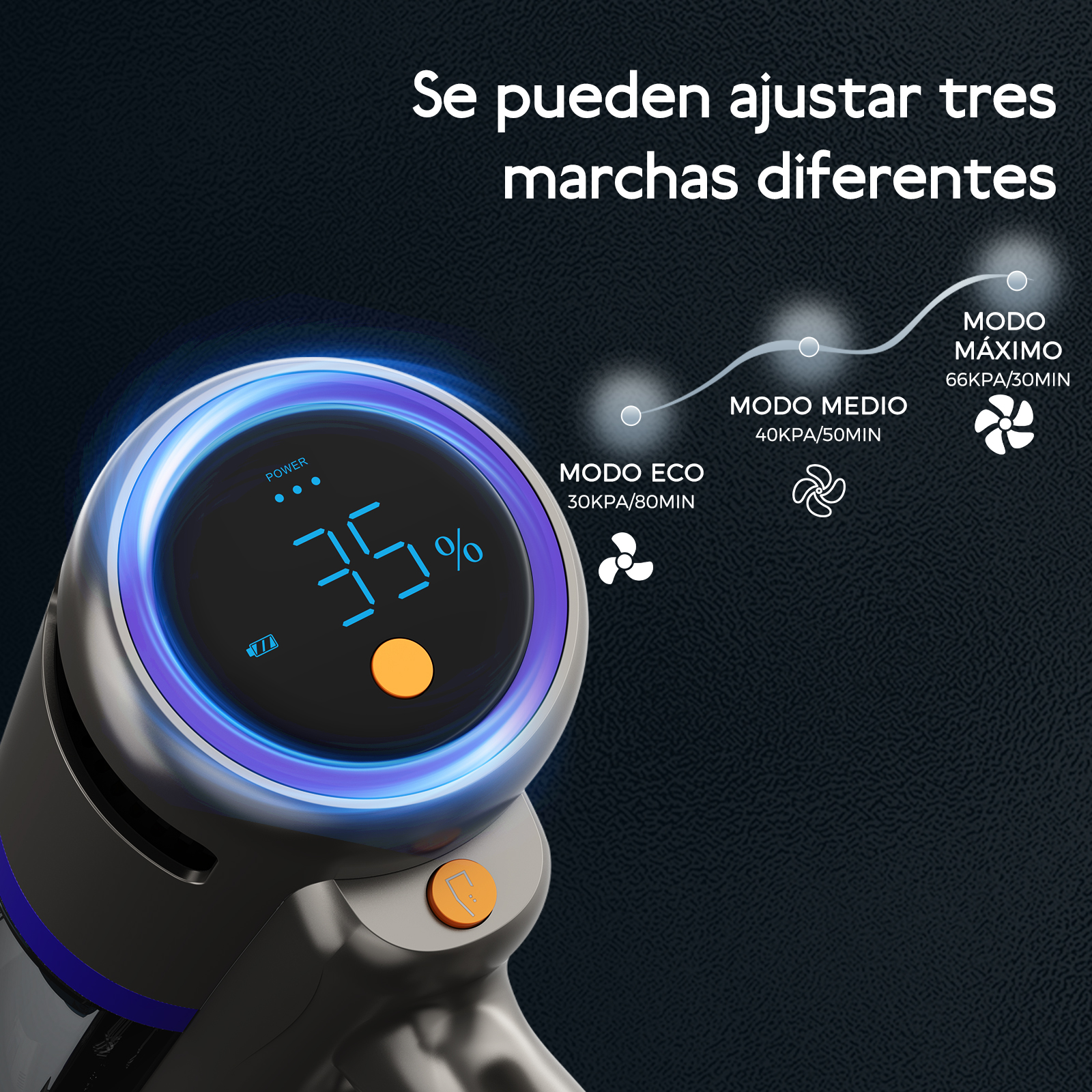 Pantalla de aspiradora mostrando niveles de potencia: Eco, Medio y Max.