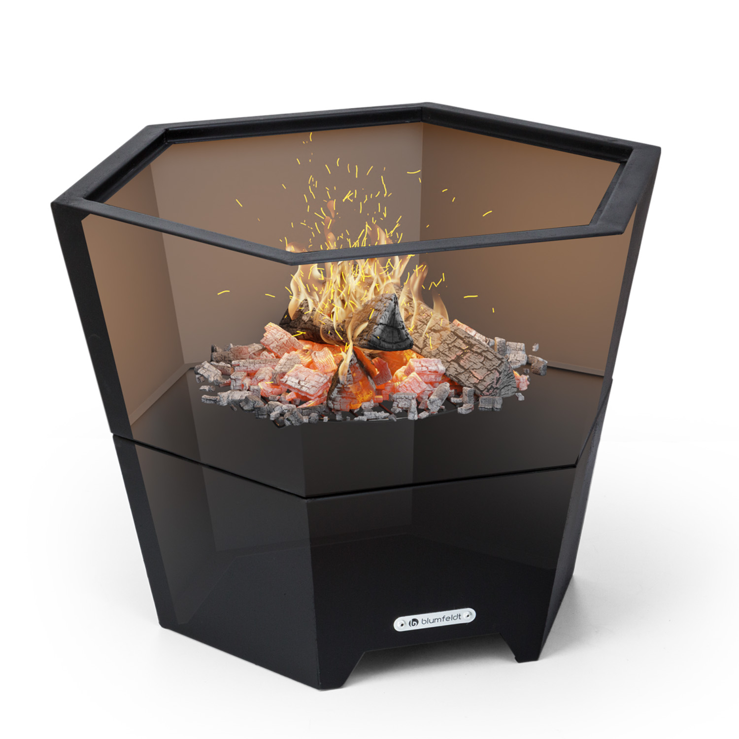 Feuerstelle mit Feuer und Holz, mit schwarzem Äußeren.