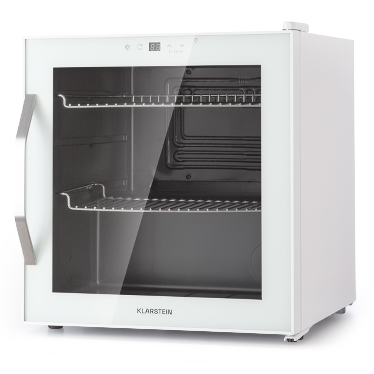Mini frigo bianco con porta in vetro. Due ripiani all'interno. Maniglia sul lato sinistro. Marchio Klarstein.