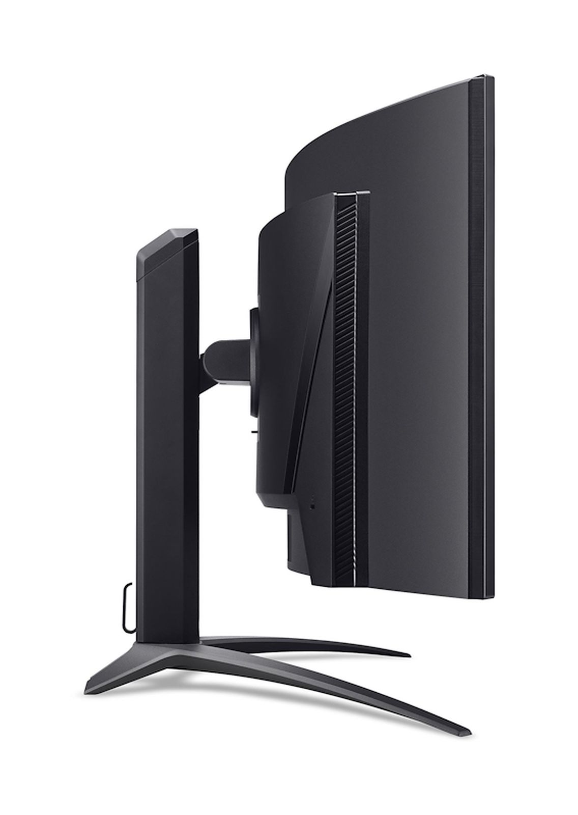Moniteur incurvé noir, vue latérale, fond blanc.