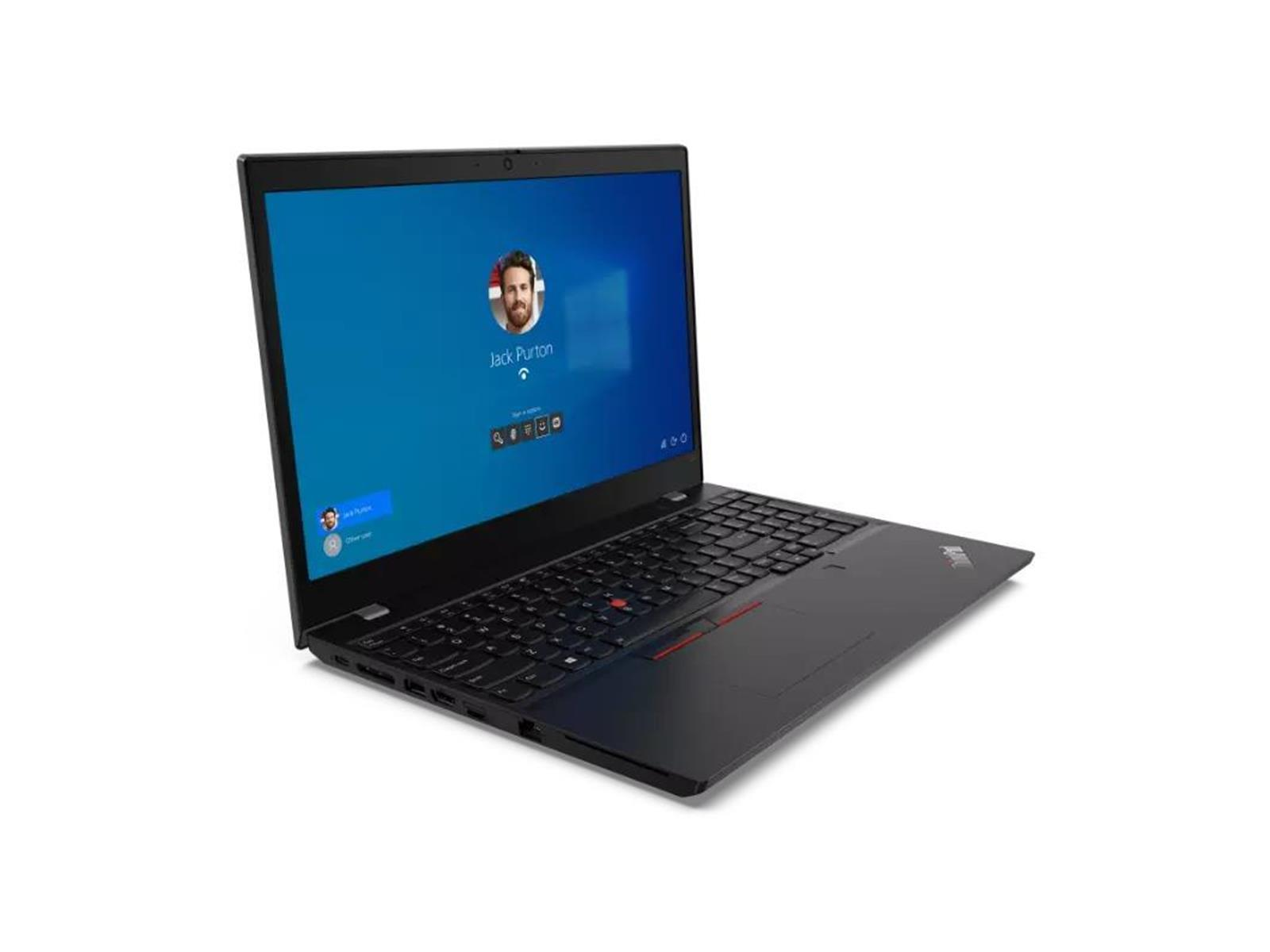 Schwarzer Laptop geöffnet mit Foto eines Mannes auf dem Bildschirm vor weißem Hintergrund.