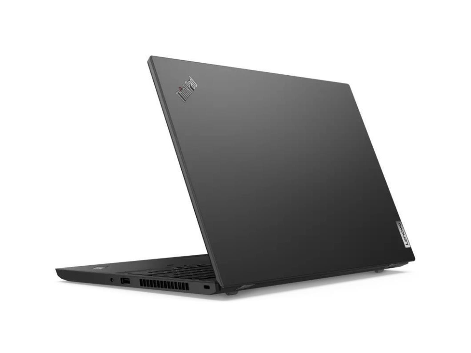 Ein schwarzer Laptop mit geöffnetem Deckel, der das Lenovo-Logo oben zeigt.