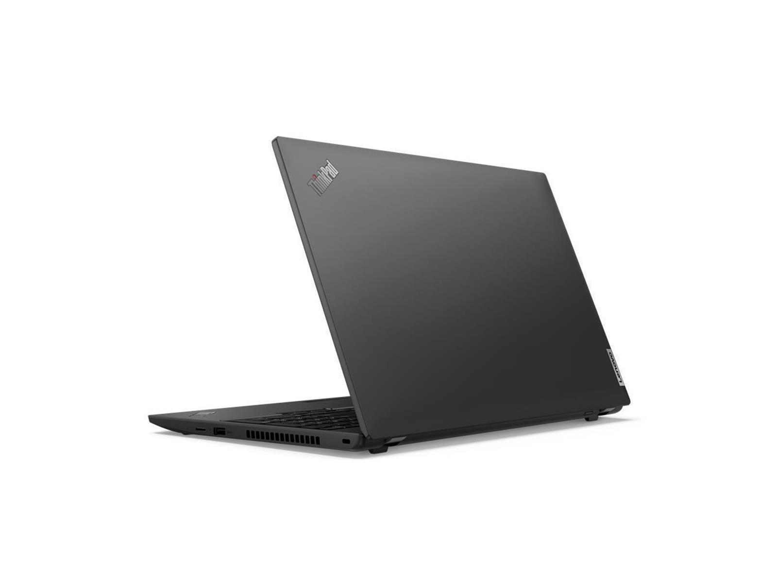 Ein schwarzes ThinkPad-Laptop, geöffnet, vor weißem Hintergrund.