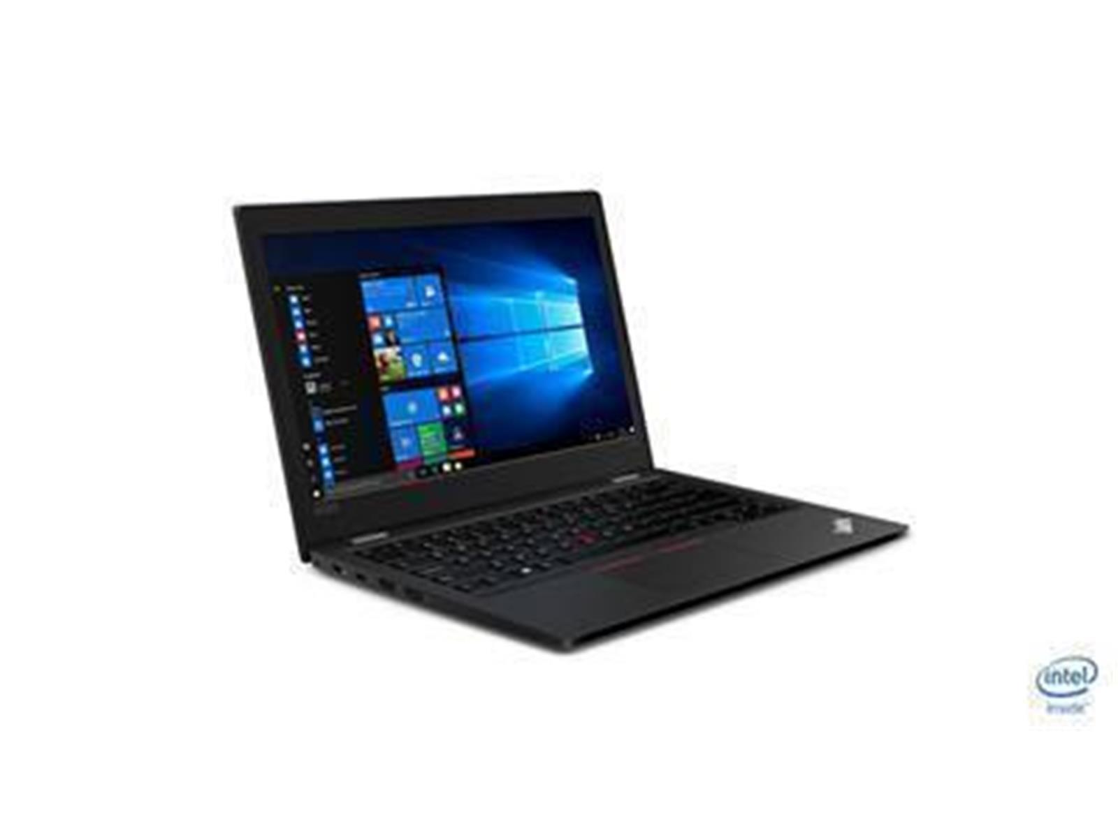 Schwarzer Laptop, offen, auf Weiß. Bildschirm zeigt Windows-Oberfläche. Intel-Logo rechts unten.