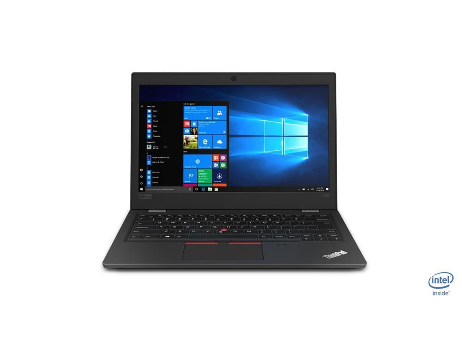 Ein schwarzer Lenovo Laptop, geöffnet, zeigt den Windows-Desktop mit weißem Hintergrund.