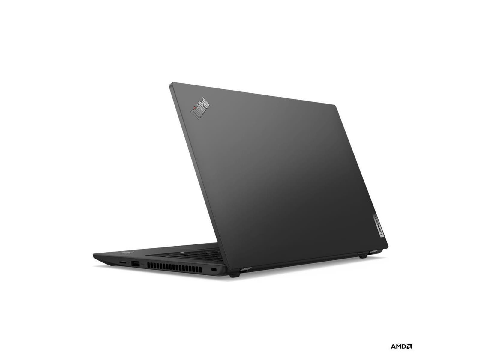 Ein schwarzes Lenovo Thinkpad Laptop, von hinten gesehen, leicht geöffnet auf weißem Grund.