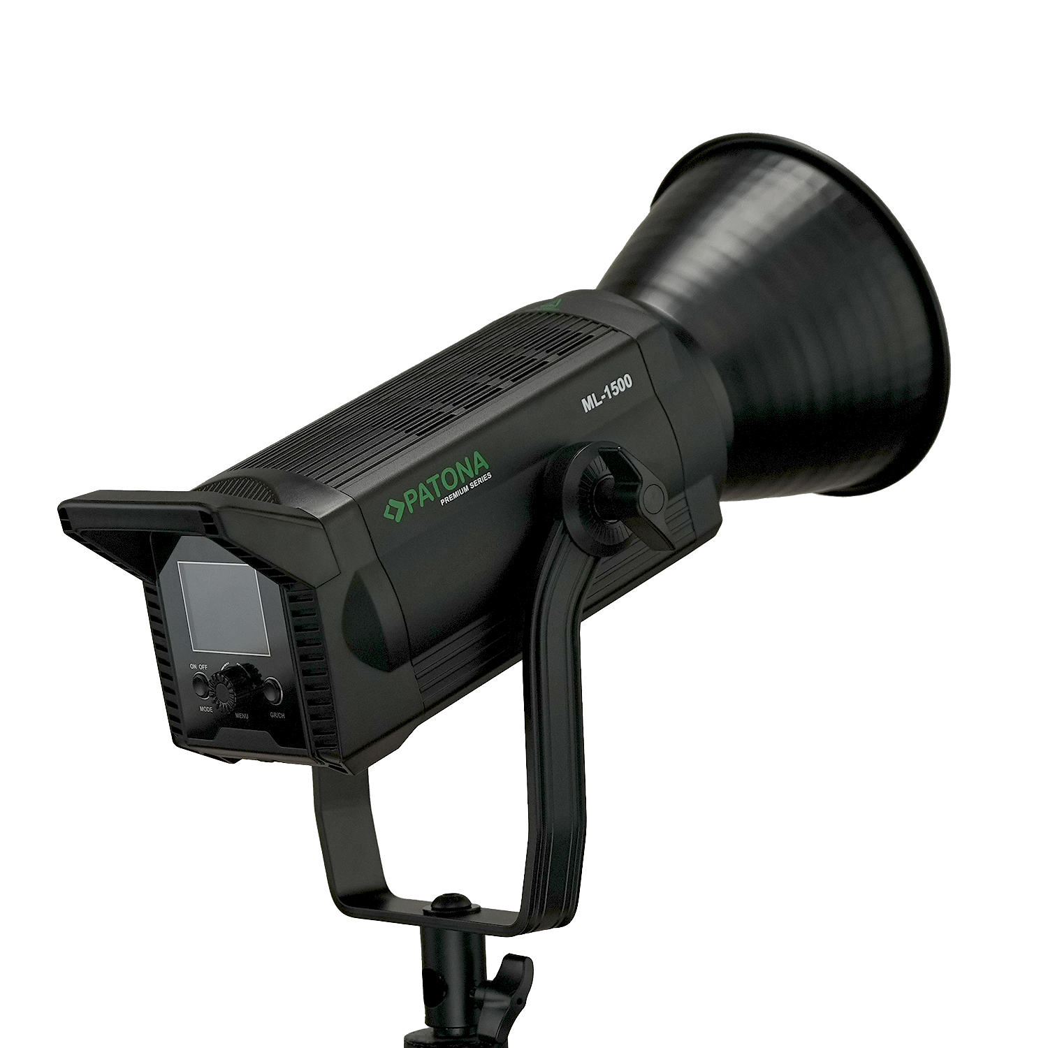 Lampe de studio noire avec un abat-jour noir et une poignée. Elle possède un écran LCD et plusieurs boutons de commande.