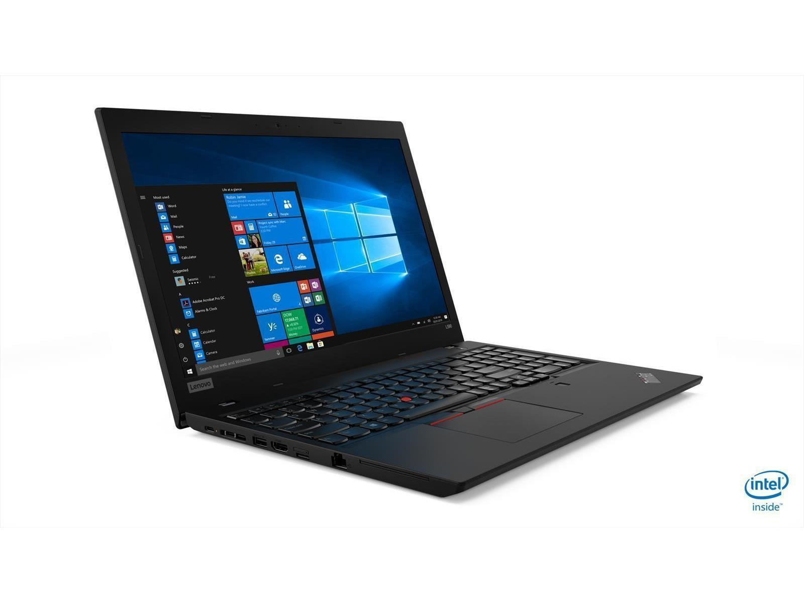 Schwarzer Lenovo-Laptop mit Windows-Oberfläche, offen auf weißer Oberfläche. Intel inside Logo sichtbar.