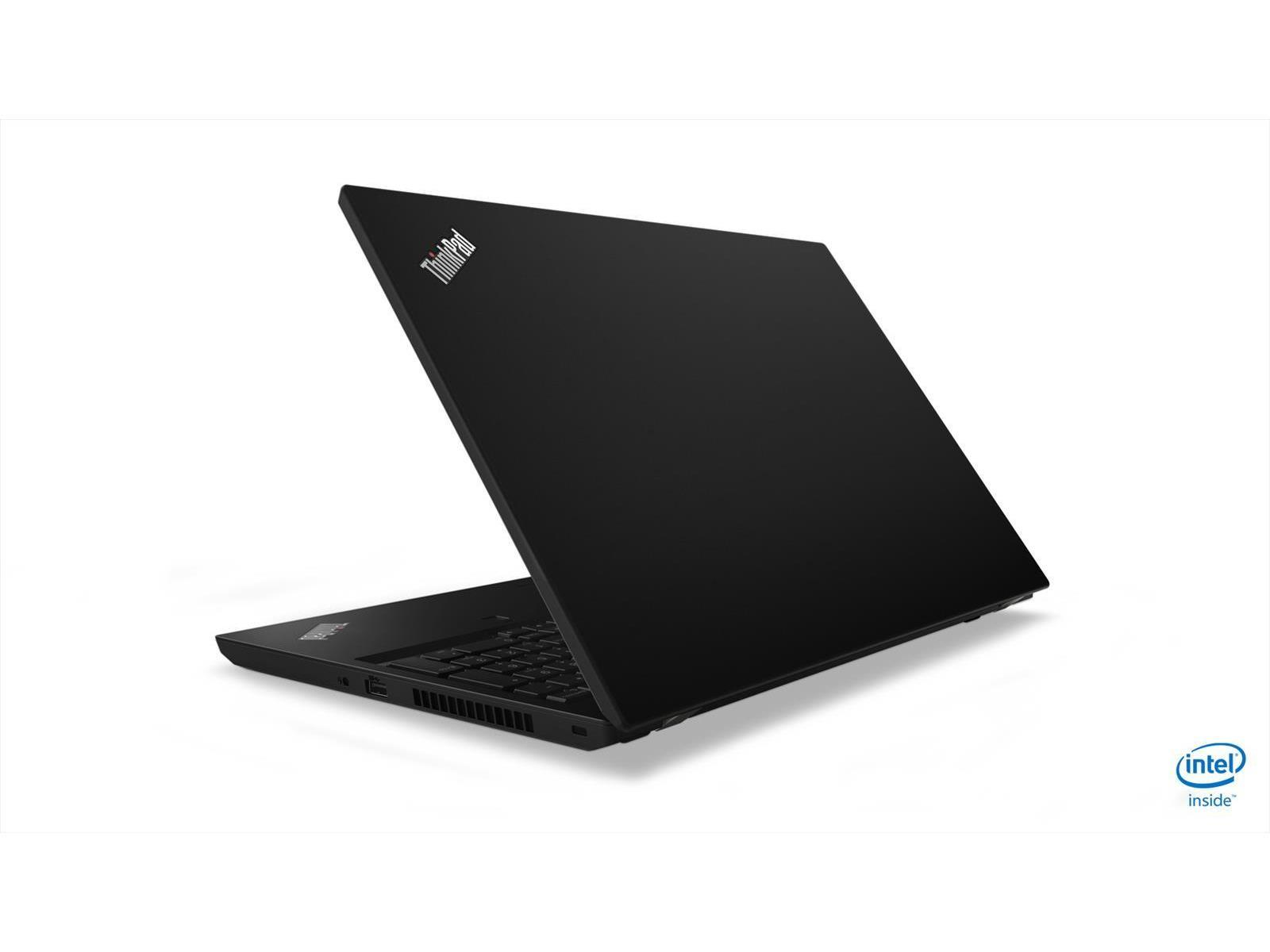 Schwarzes ThinkPad-Laptop, angewinkelt geöffnet, ThinkPad-Logo sichtbar.