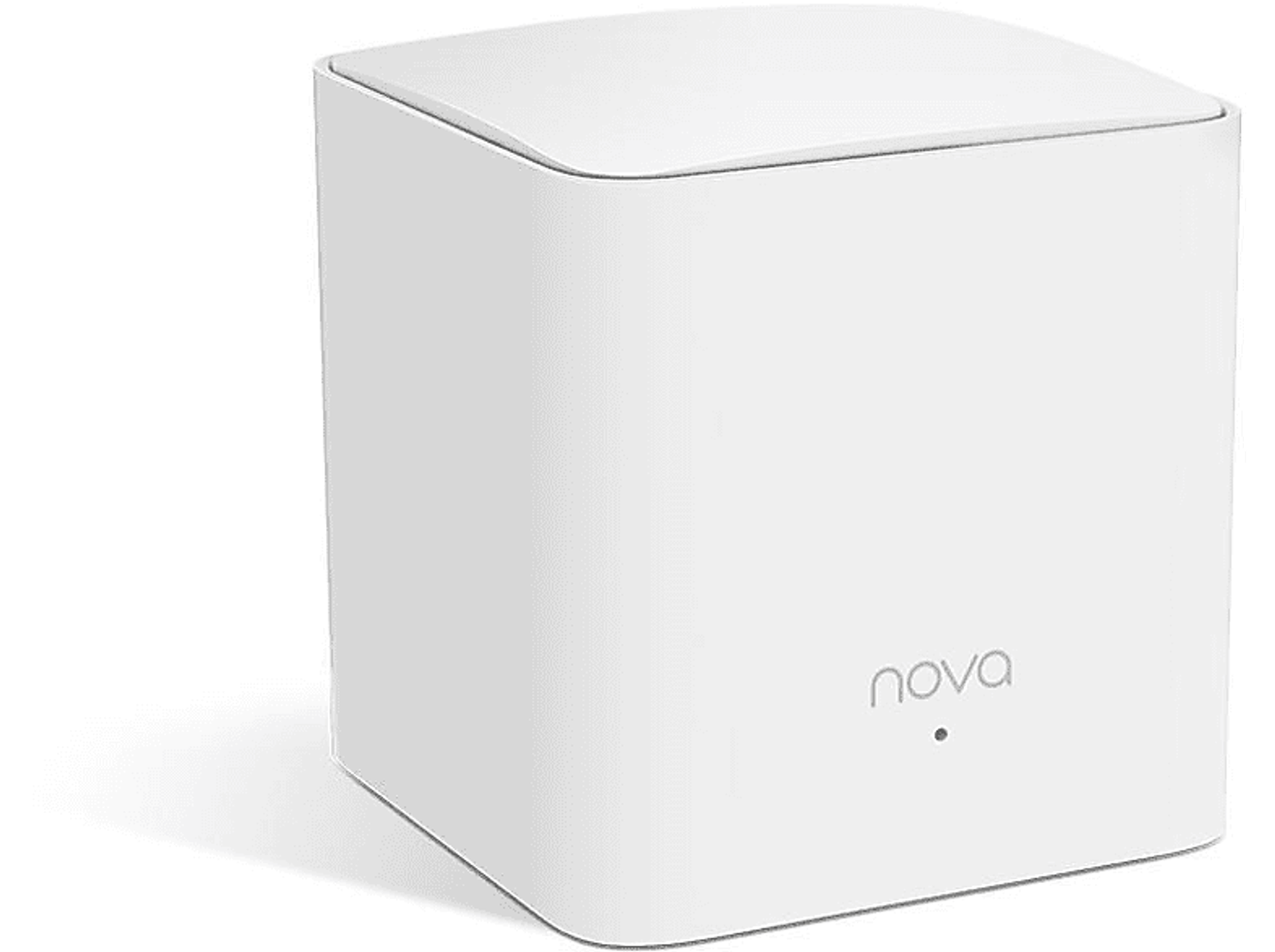 Un router quadrato bianco con la parola 'nova' sul lato.