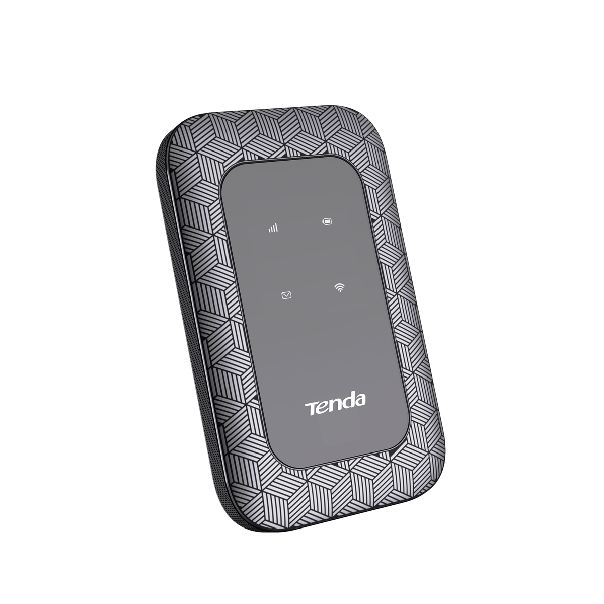 Router wifi grigio con un design a motivi e la parola 'tenda' sul davanti.