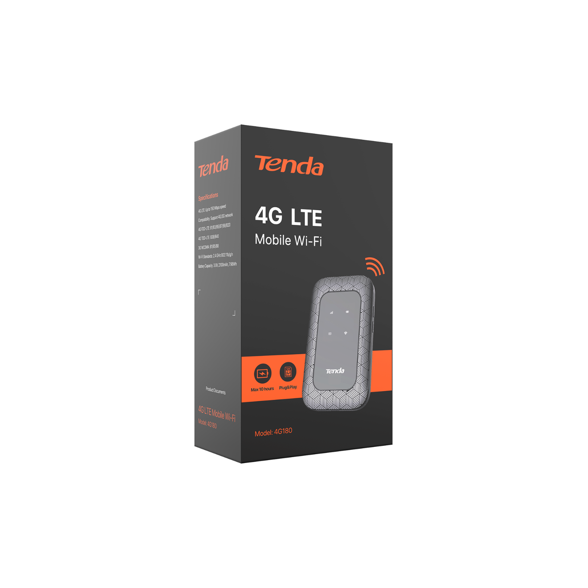 Una scatola Tenda 4G LTE Mobile Wi-Fi nera e grigia, che mostra il dispositivo con le specifiche.