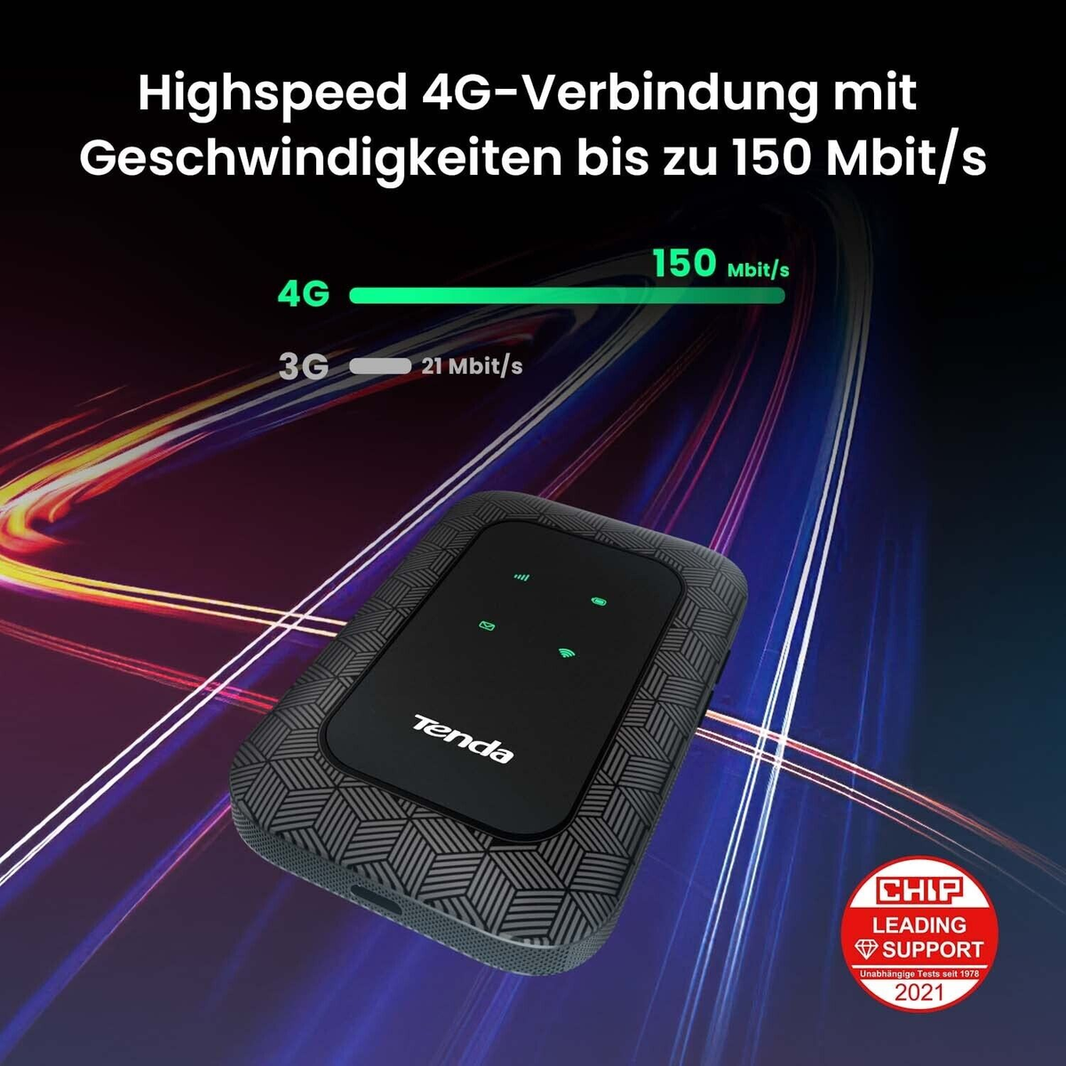 Un router wireless portatile nero e grigio con schermo, che mostra velocità 4G e supporto leader.
