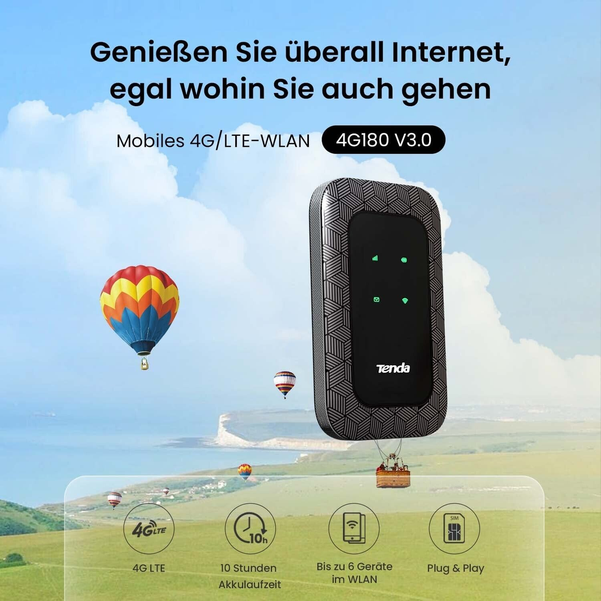 Un router WiFi portatile con mongolfiere sullo sfondo, con icone 4G e WLAN.