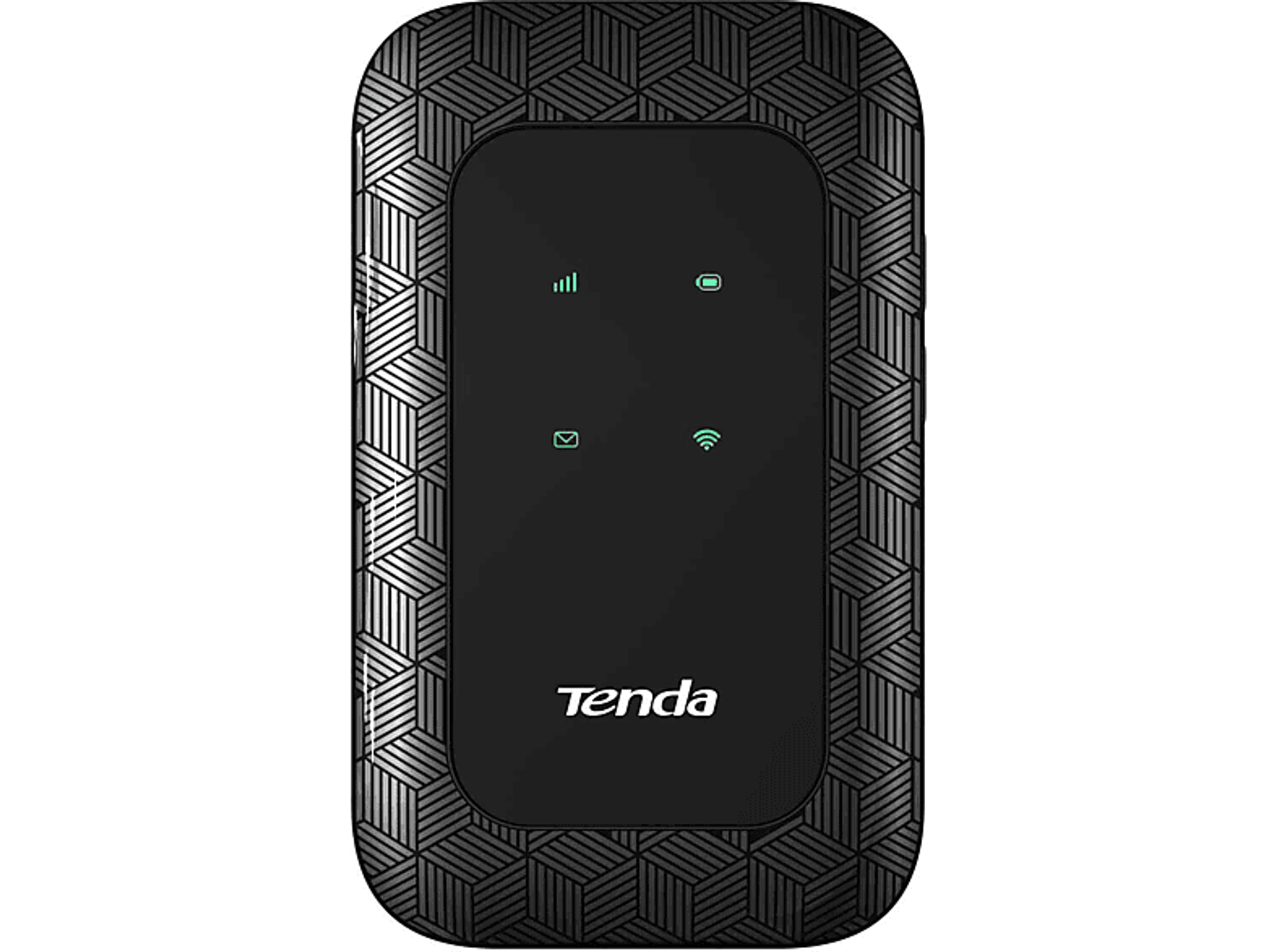 Router Wi-Fi Tenda nero e grigio con quattro spie di stato verdi.