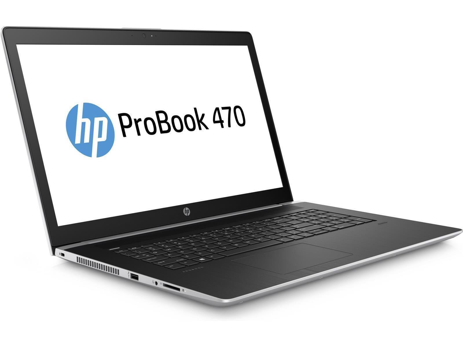 Ein silberner und schwarzer HP ProBook 470 Laptop, dessen Bildschirm das HP ProBook 470 Logo anzeigt.