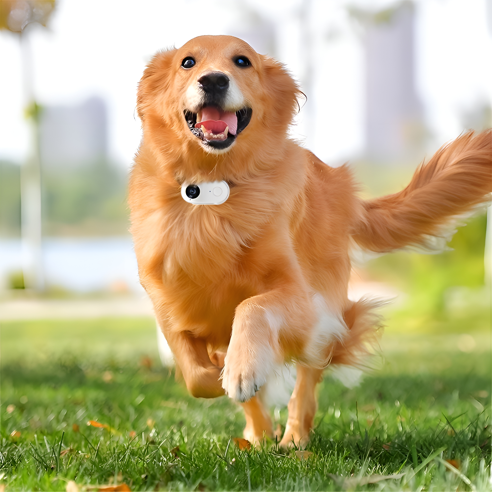 Golden Retriever Hund rennt auf Gras, trägt ein weißes Halsband mit Kamera.