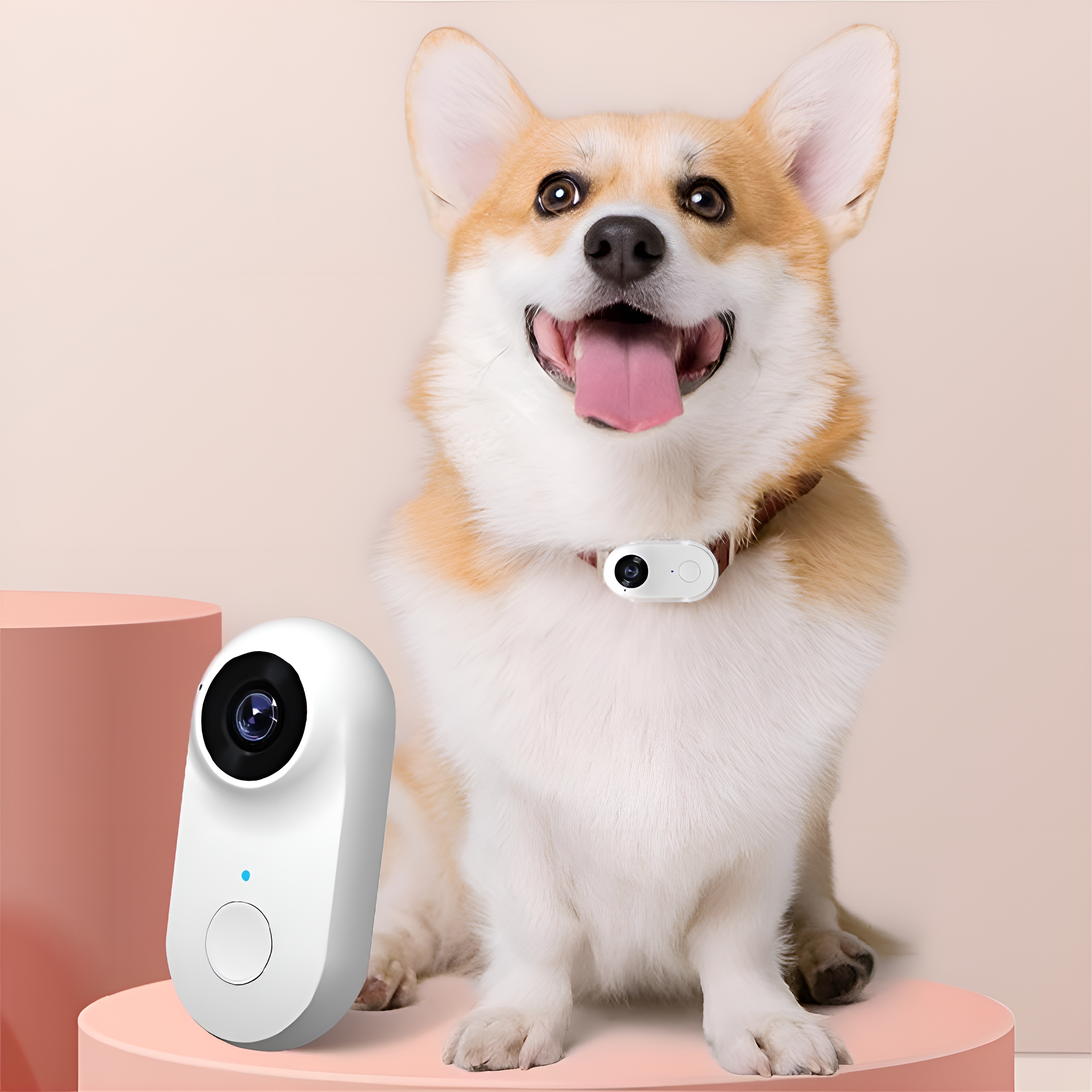 Ein Corgi-Hund mit Kamera-Halsband lächelt. Eine weiße Kamera steht daneben. Rosa Hintergrund.