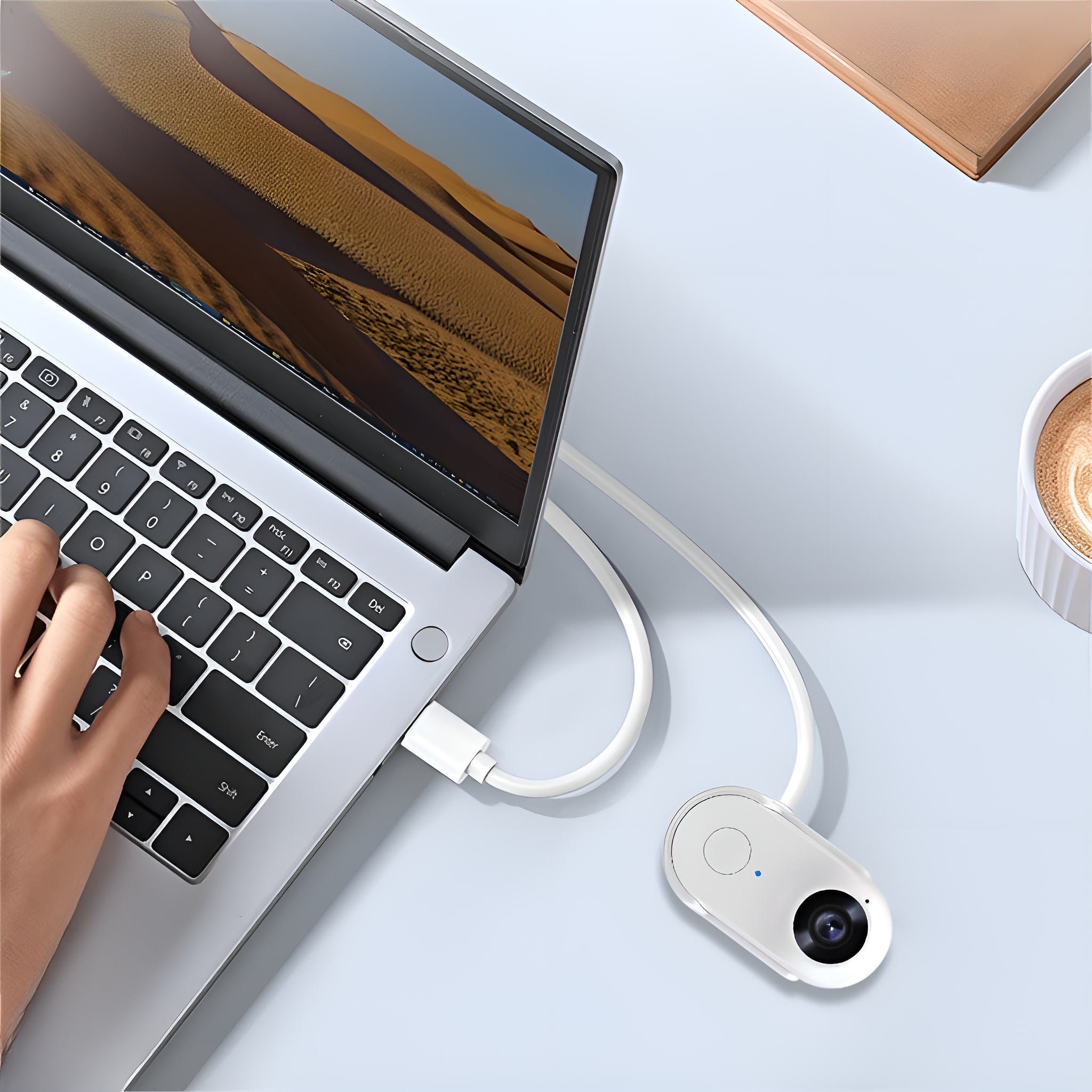 Laptop mit Webcam und Kaffeetasse, mit einer Hand auf der Tastatur.
