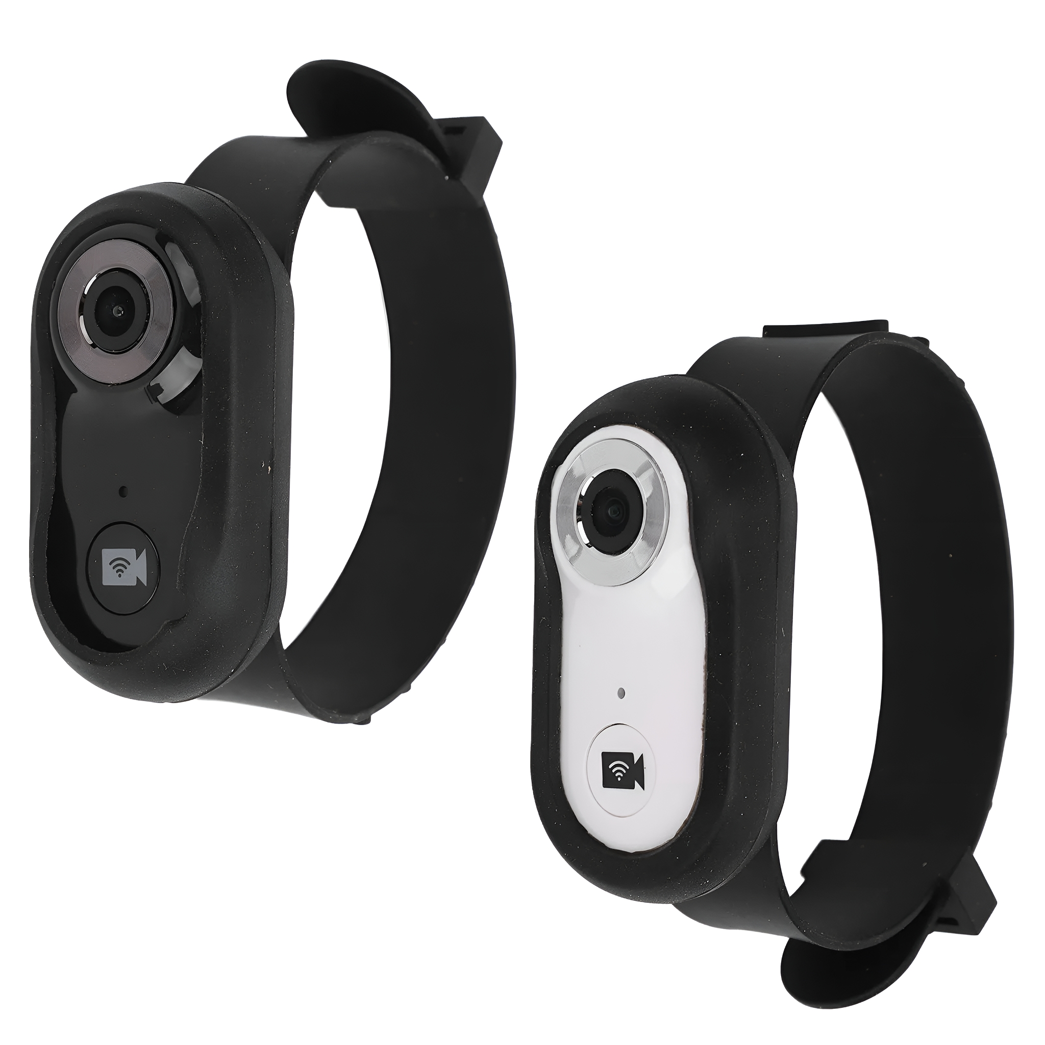 Zwei schwarze Armbandkameras mit schwarzen Riemen liegen auf einer weißen Oberfläche.