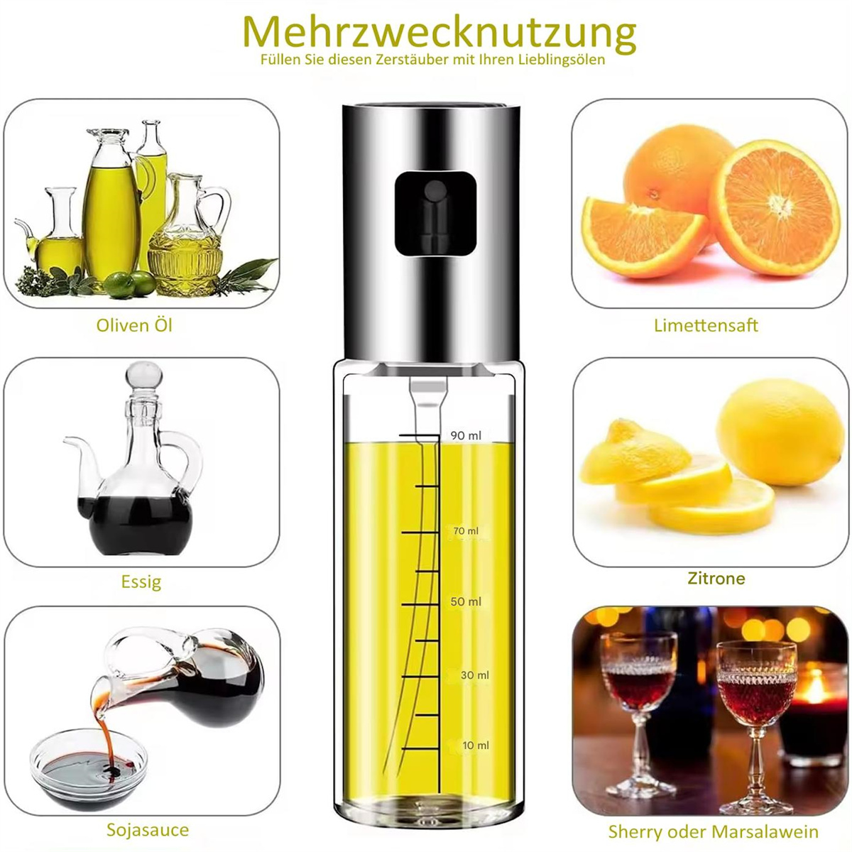Eine Sprühflasche mit Öl und anderen Zutaten, mit deutschen Etiketten. Orangen und Zitronen werden ebenfalls angezeigt.
