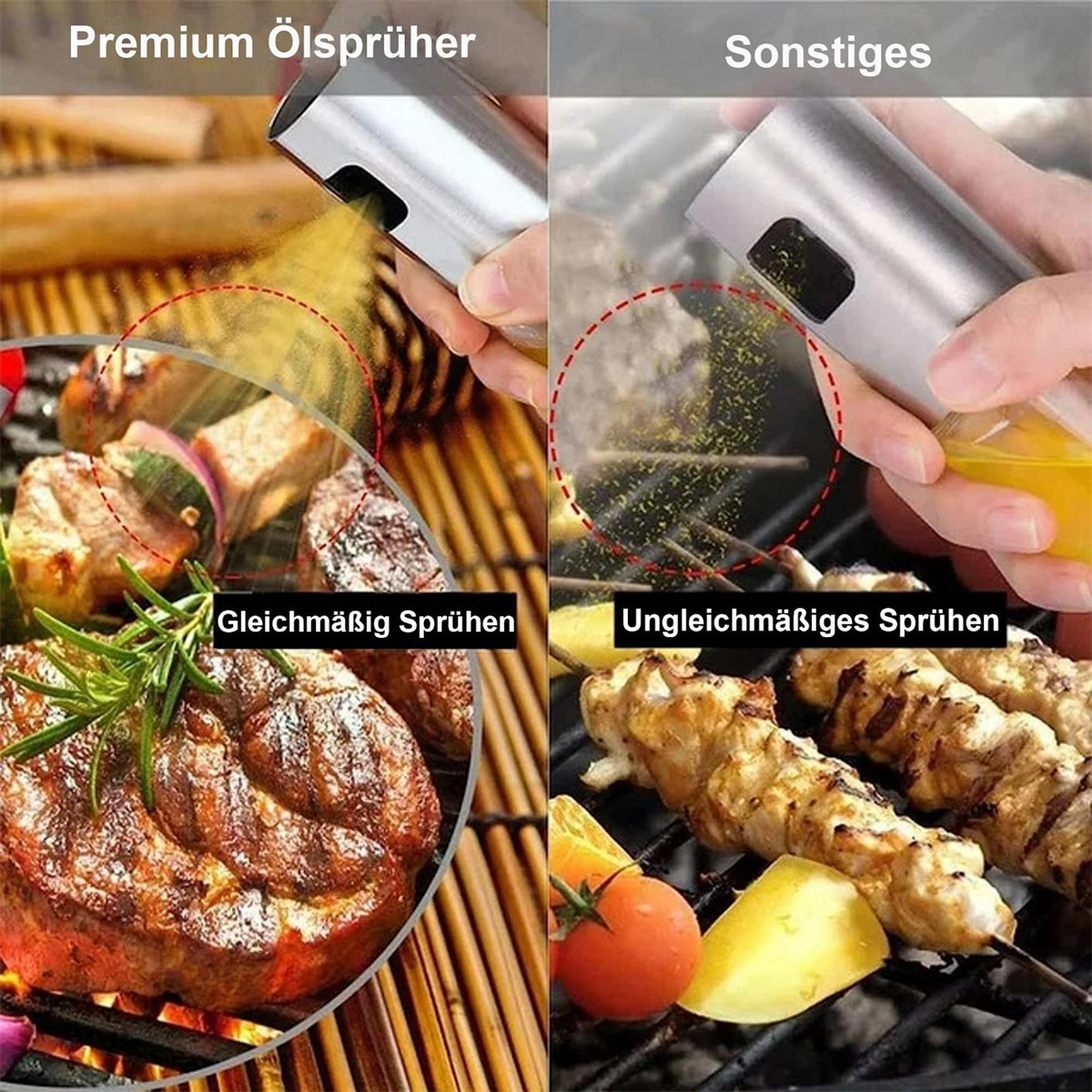 Zwei Ölsprühflaschen. Links zeigt gleichmäßiges Sprühen auf Fleisch. Rechts ungleichmäßiges Sprühen auf Spieße.