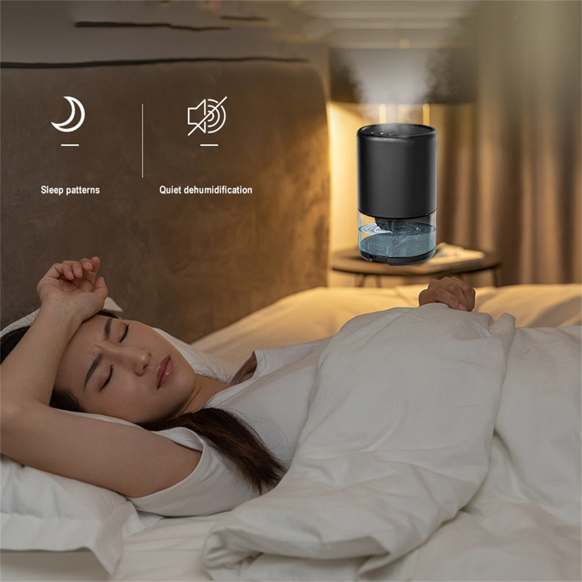 Eine Frau schläft im Bett mit einem Luftbefeuchter auf dem Nachttisch.