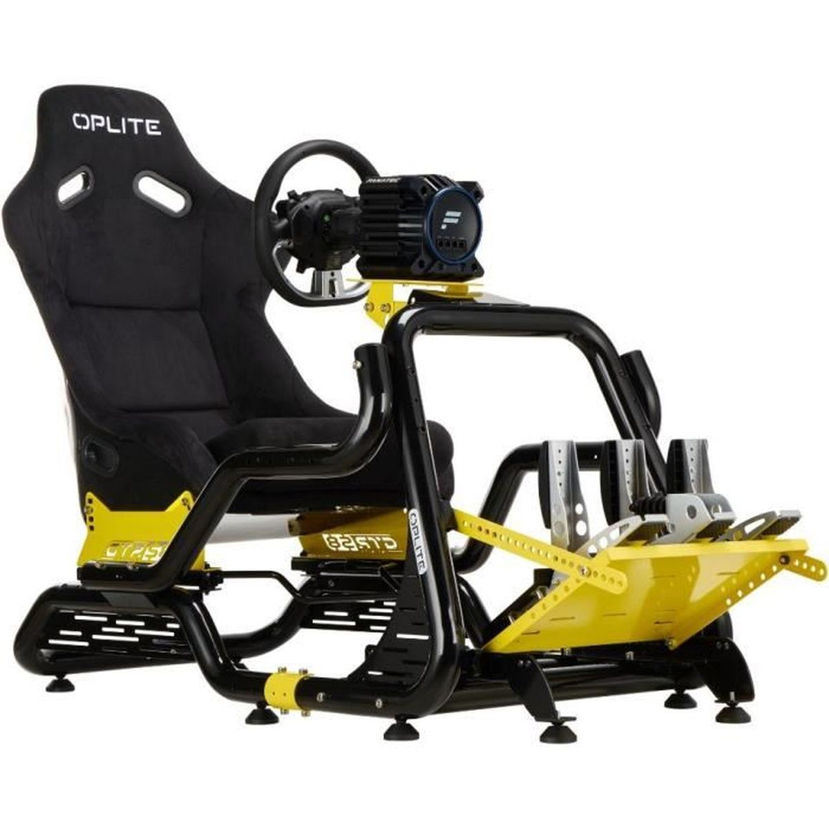 Schwarz-gelber Rennsimulator mit Sitz, Lenkrad und Pedalen. Marke OPLITE sichtbar.