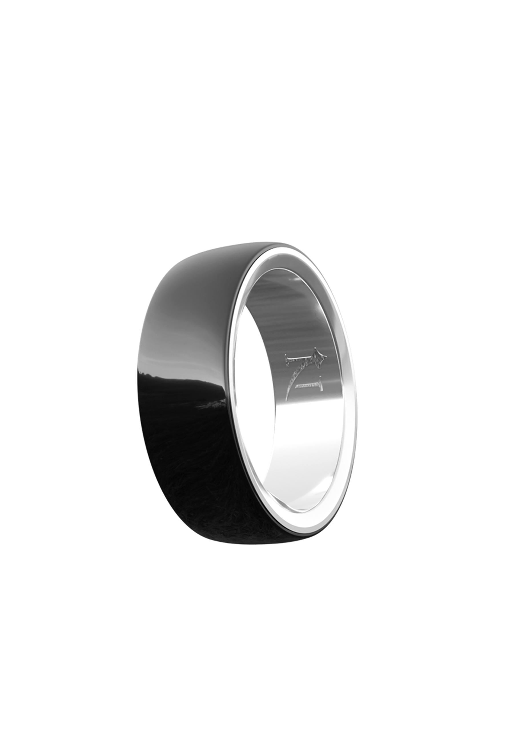 Ein schwarzer Ring mit einem silbernen Innenband, isoliert auf weißem Hintergrund.