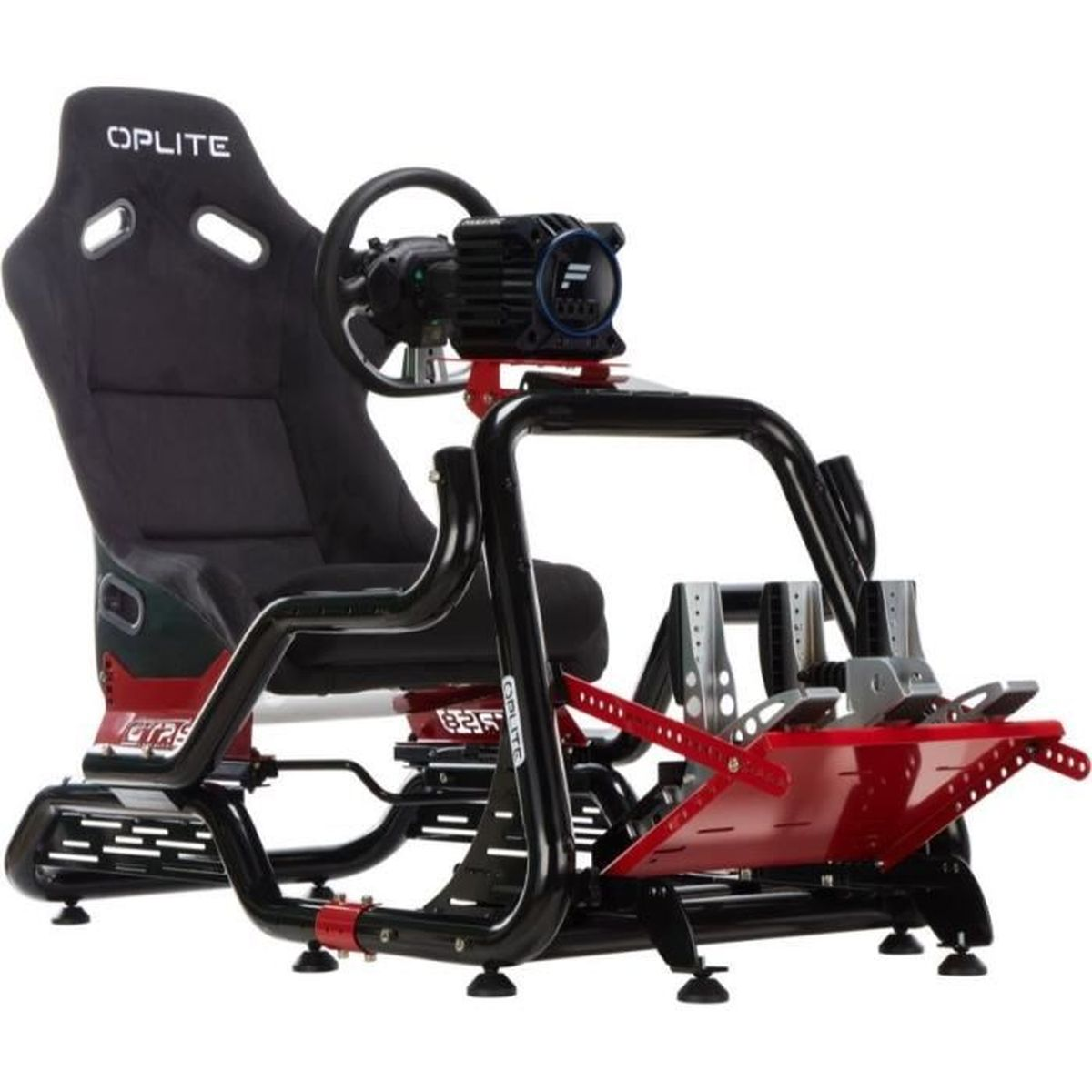 Ein Rennsimulator mit schwarzem Sitz, Lenkrad, Pedalen und Metallrahmen.