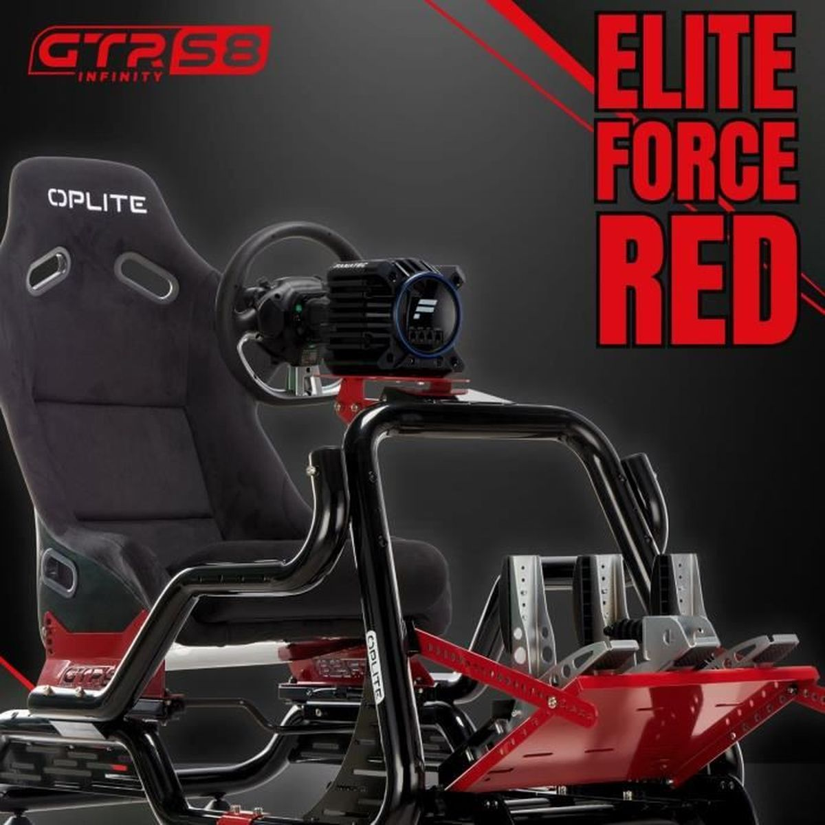 Gaming-Simulator-Cockpit in Rot und Schwarz, mit Rennsitz, Lenkrad und Pedalen. Text "Elite Force Red".