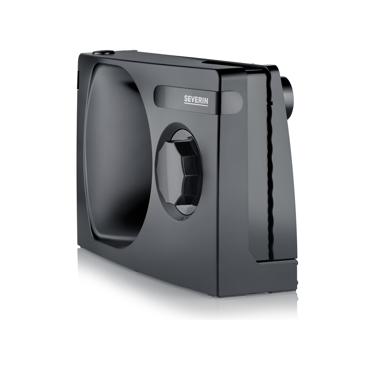 Czarna krajalnica do żywności z pokrętłem i marką SEVERIN.