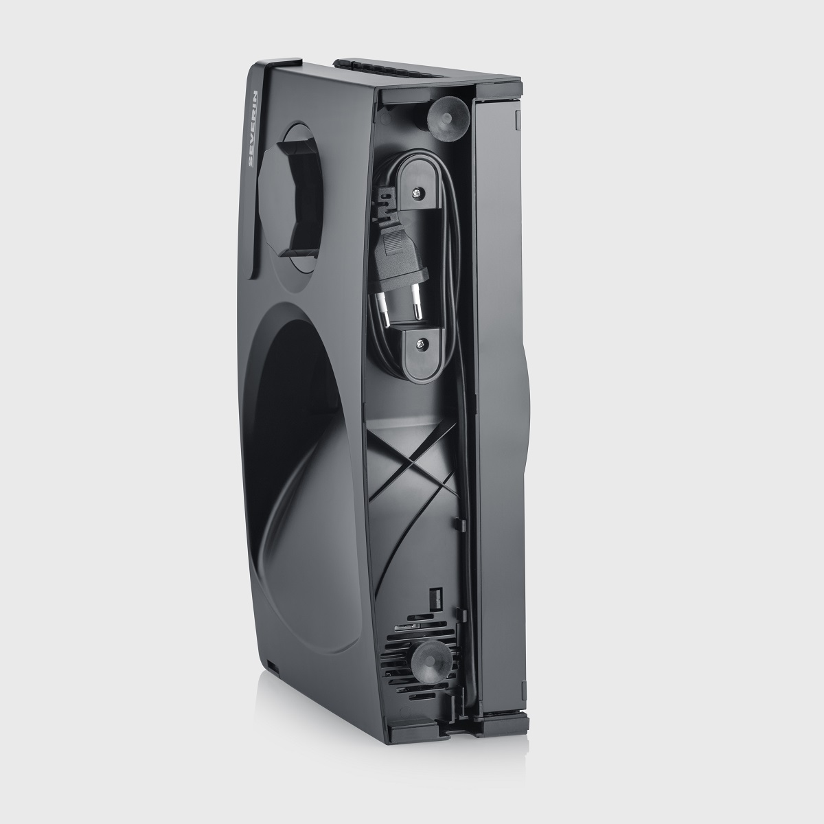 Czarne urządzenie z uchwytem, przewodem i przyssawkami, prawdopodobnie podgrzewacz do żywności.