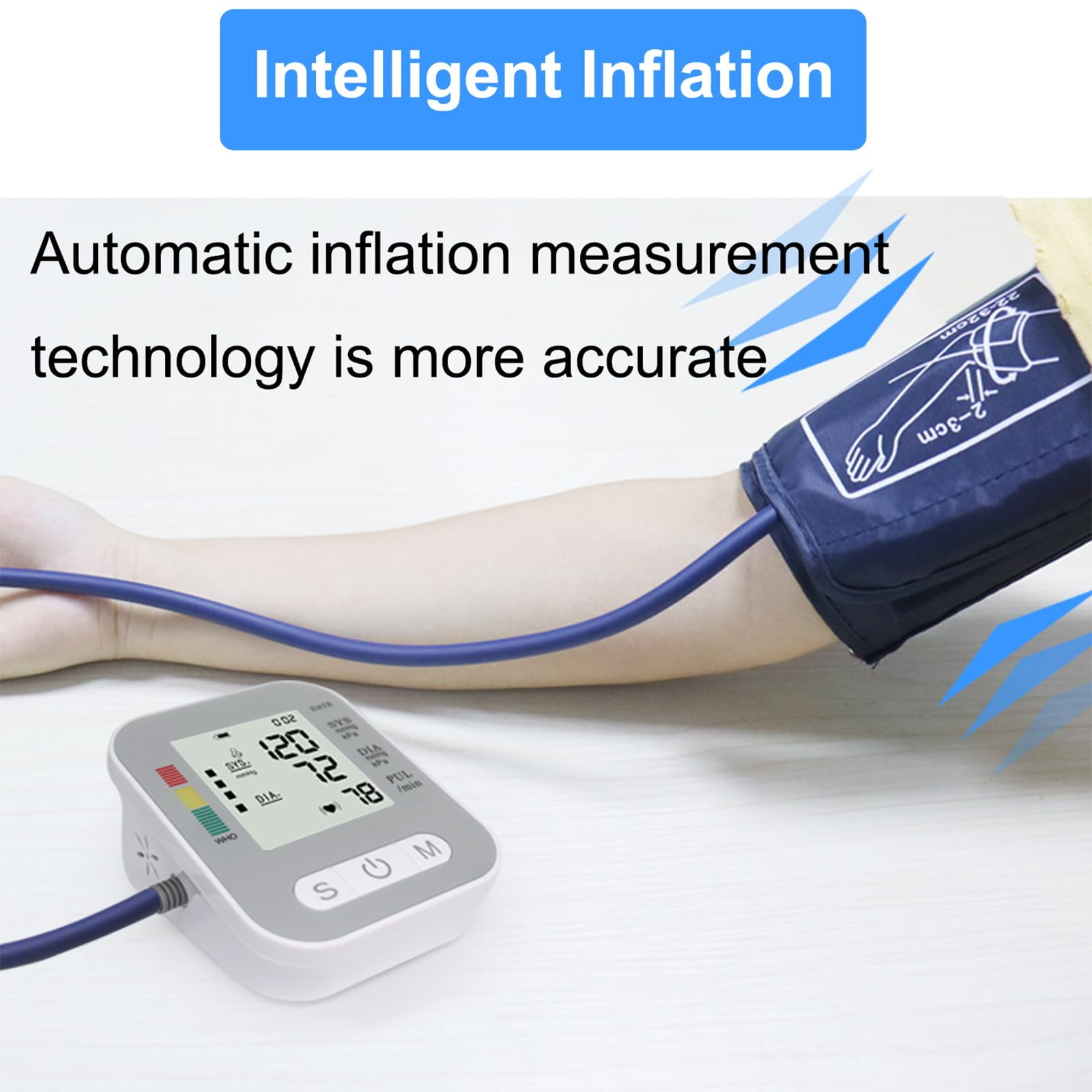 Ein Blutdruckmessgerät ist mit dem Arm einer Person verbunden. Das Gerät zeigt Messwerte an. Text sagt Inflationstech.