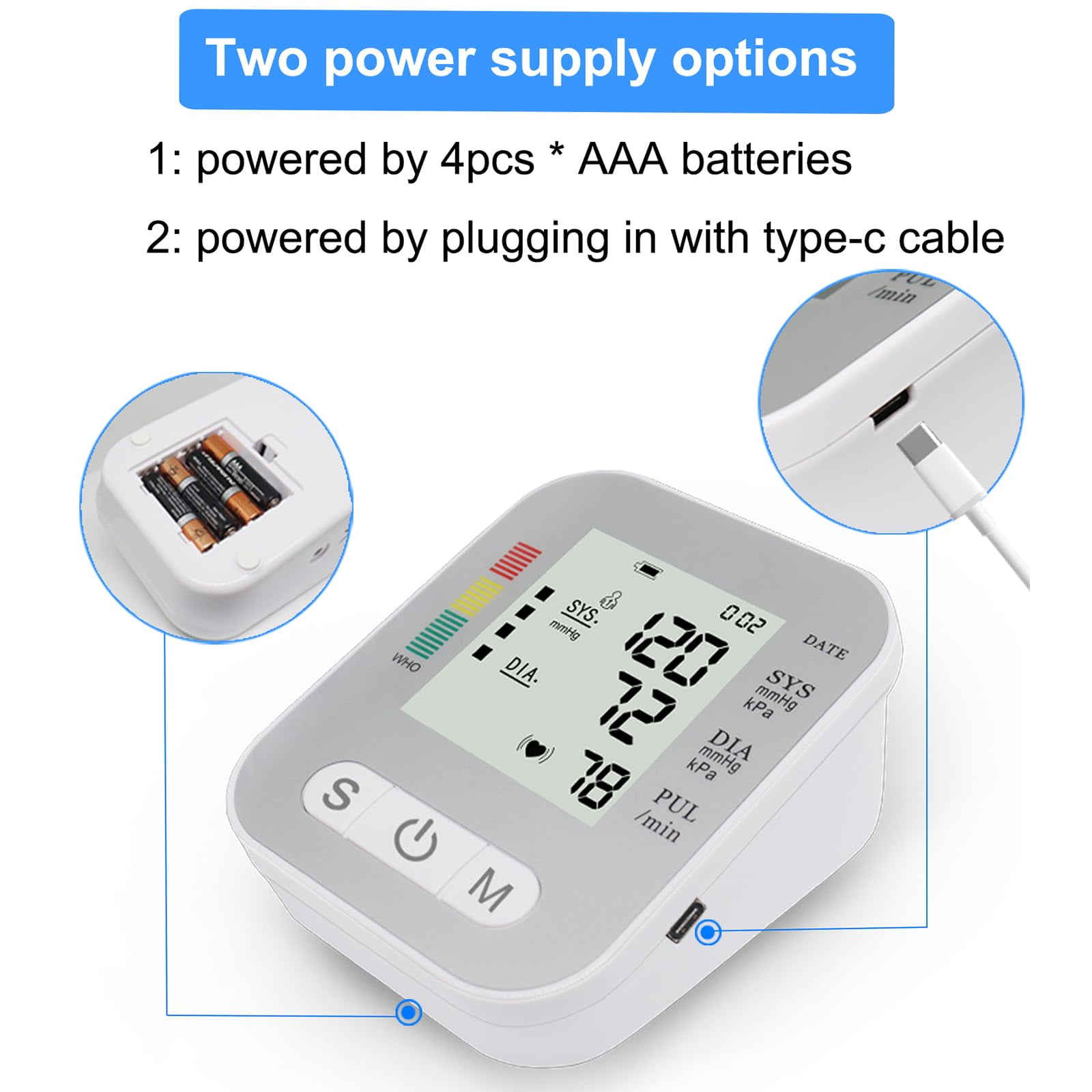 Ein Blutdruckmessgerät mit einem Bildschirm, der Daten anzeigt. Zwei Stromversorgungsoptionen: Batterie oder Typ-C-Kabel. AAA-Batterien sind sichtbar.
