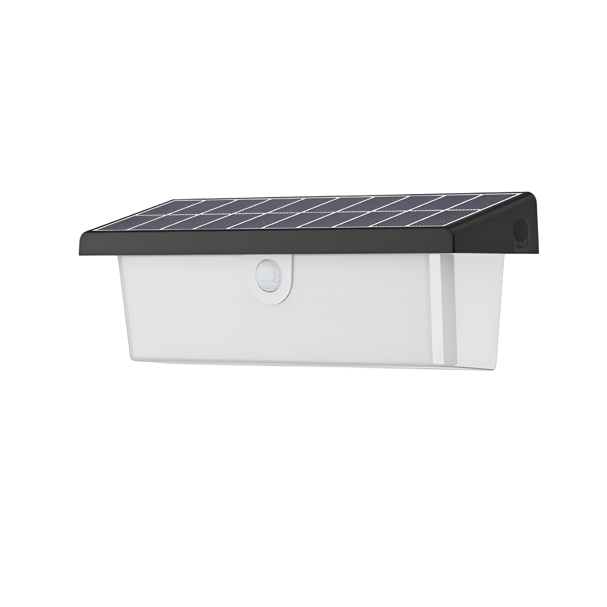 Eine weiße Solar-Wandleuchte. Sie hat eine schwarze Oberseite mit Solarpanelen und einen Bewegungssensor.