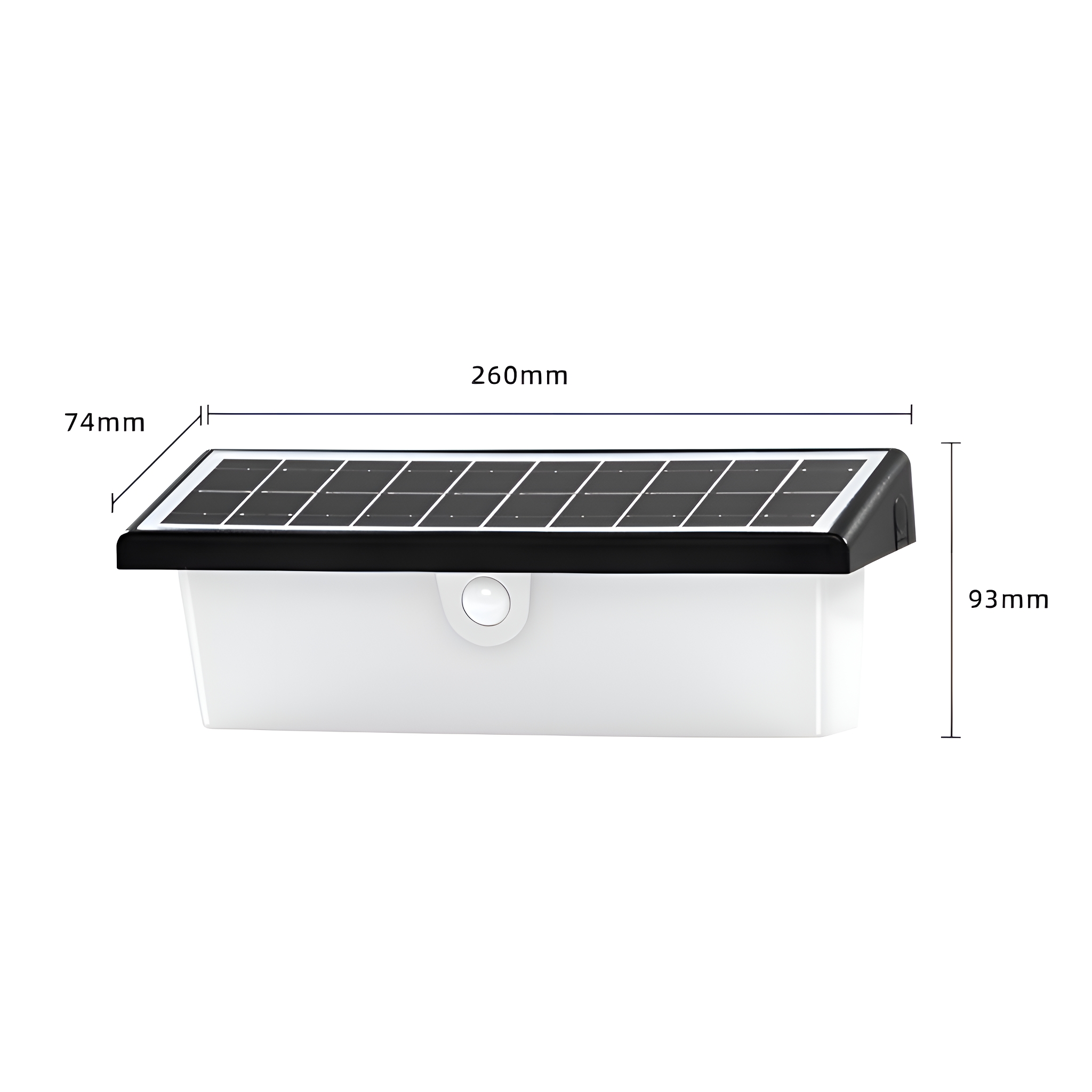 Ein schwarz-weißes Solarpanel mit angezeigten Abmessungen, das die Größe angibt.