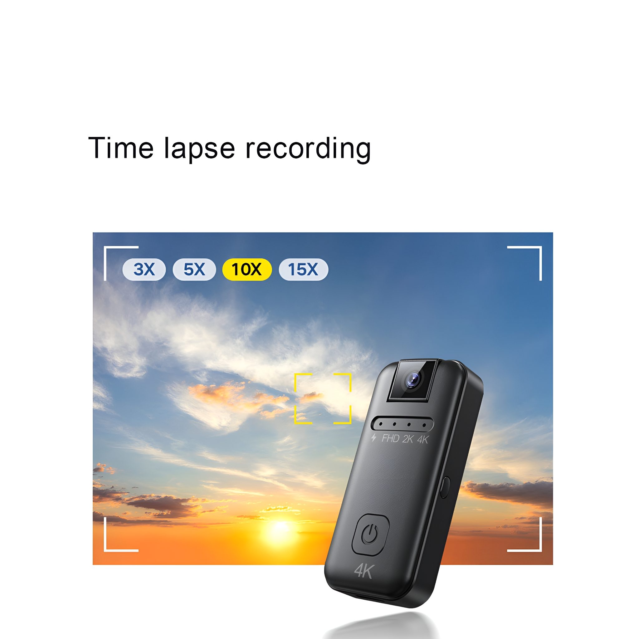Schwarze Kamera mit Zeitrafferoptionen 3X, 5X, 10X, 15X, vor blauem Himmel.