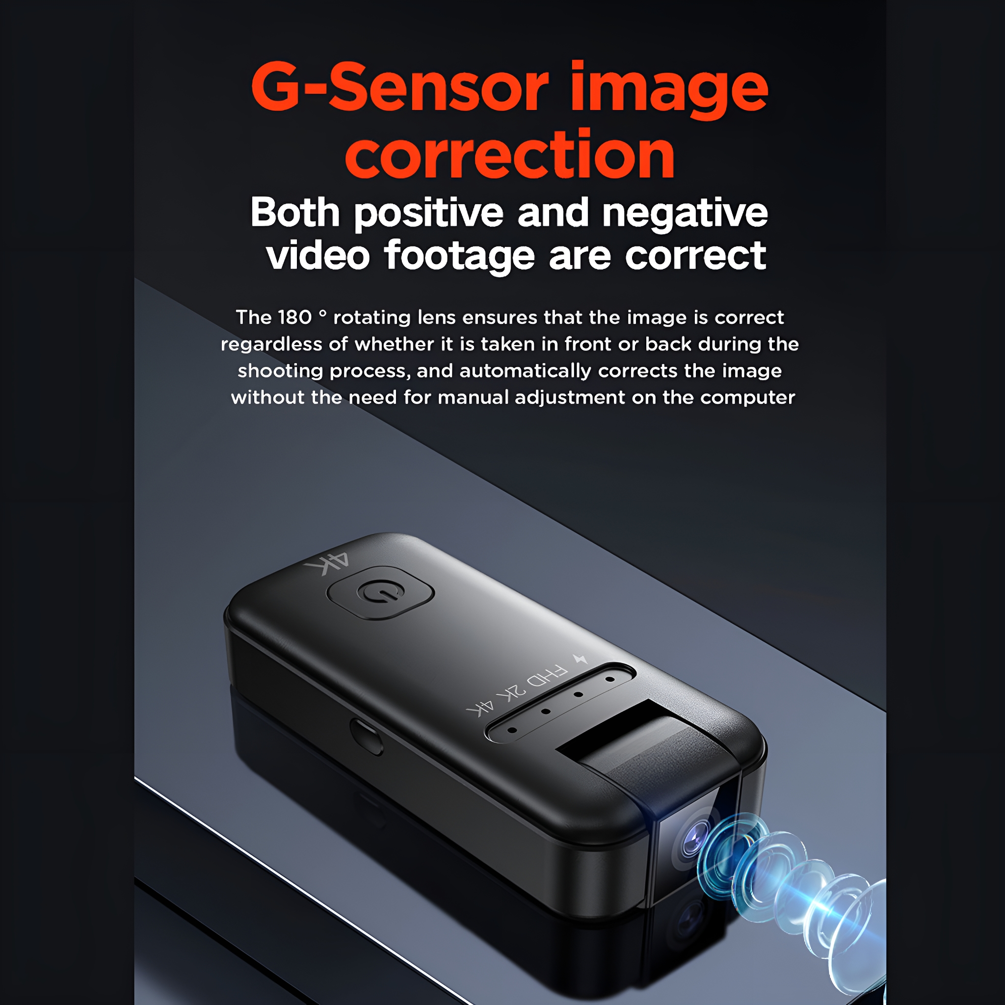 Eine schwarze Action-Kamera. Textüberlagerung liest sich 'G-Sensor-Bildkorrektur' und Details zur Videokorrektur.