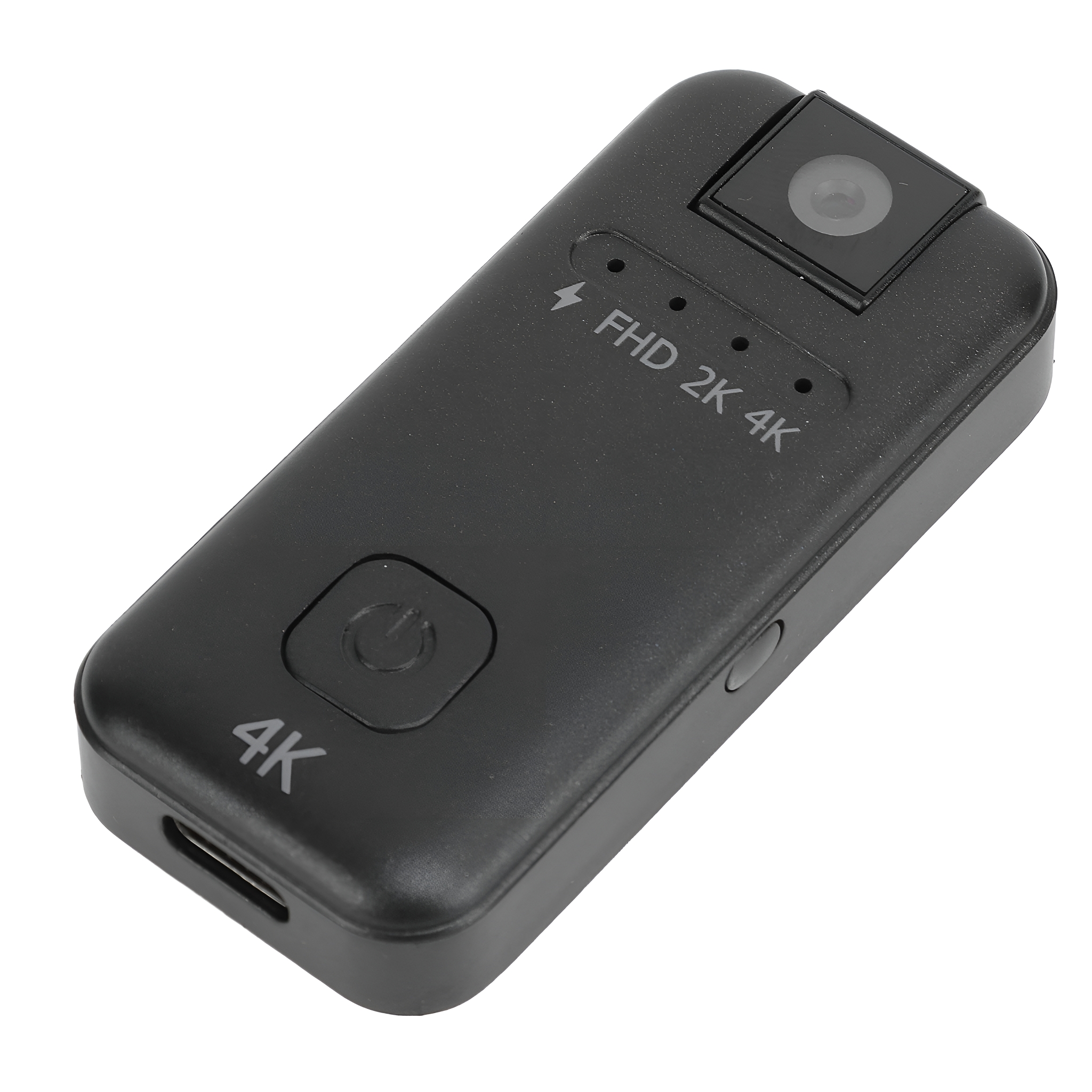 Eine schwarze 4K-Actionkamera. Sie hat ein Objektiv und ein paar Knöpfe. Sie ist rechteckig und klein.