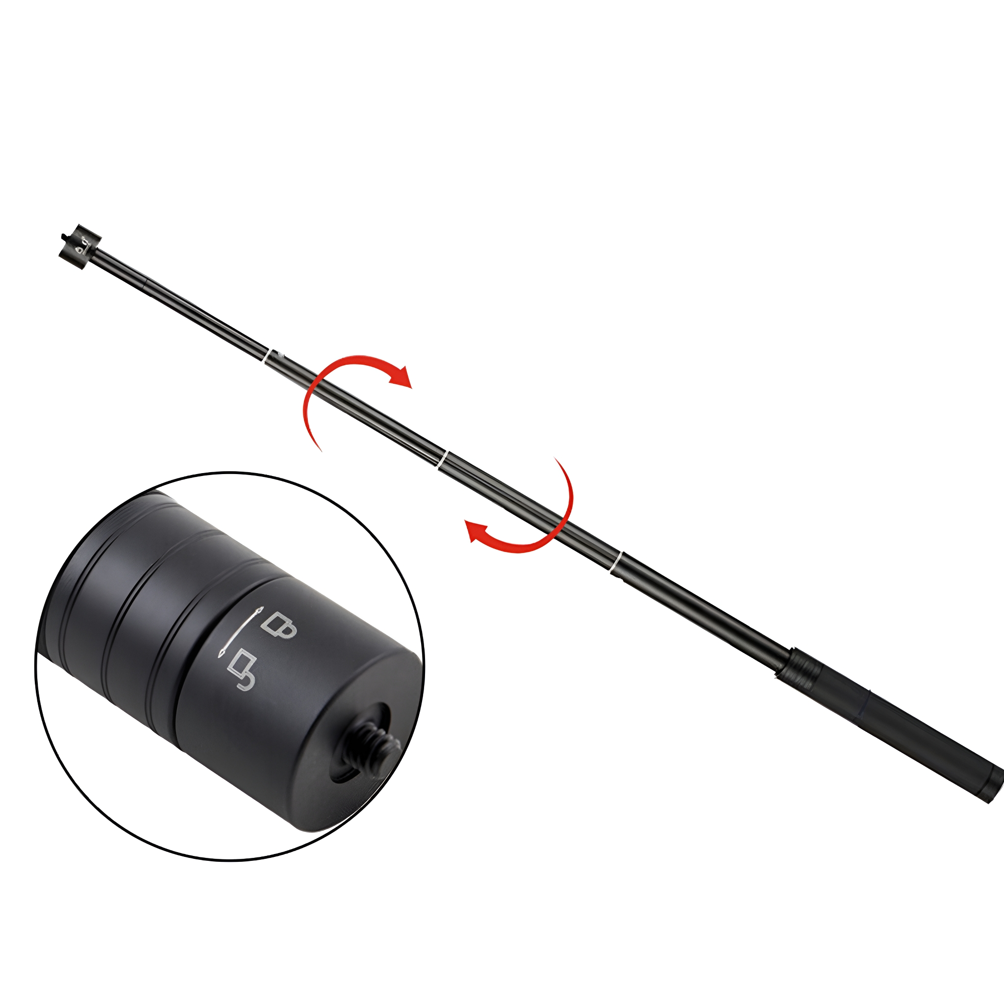 Ein schwarzer, ausziehbarer Selfie-Stick mit drehbarem Kopf und Schraubhalterung.