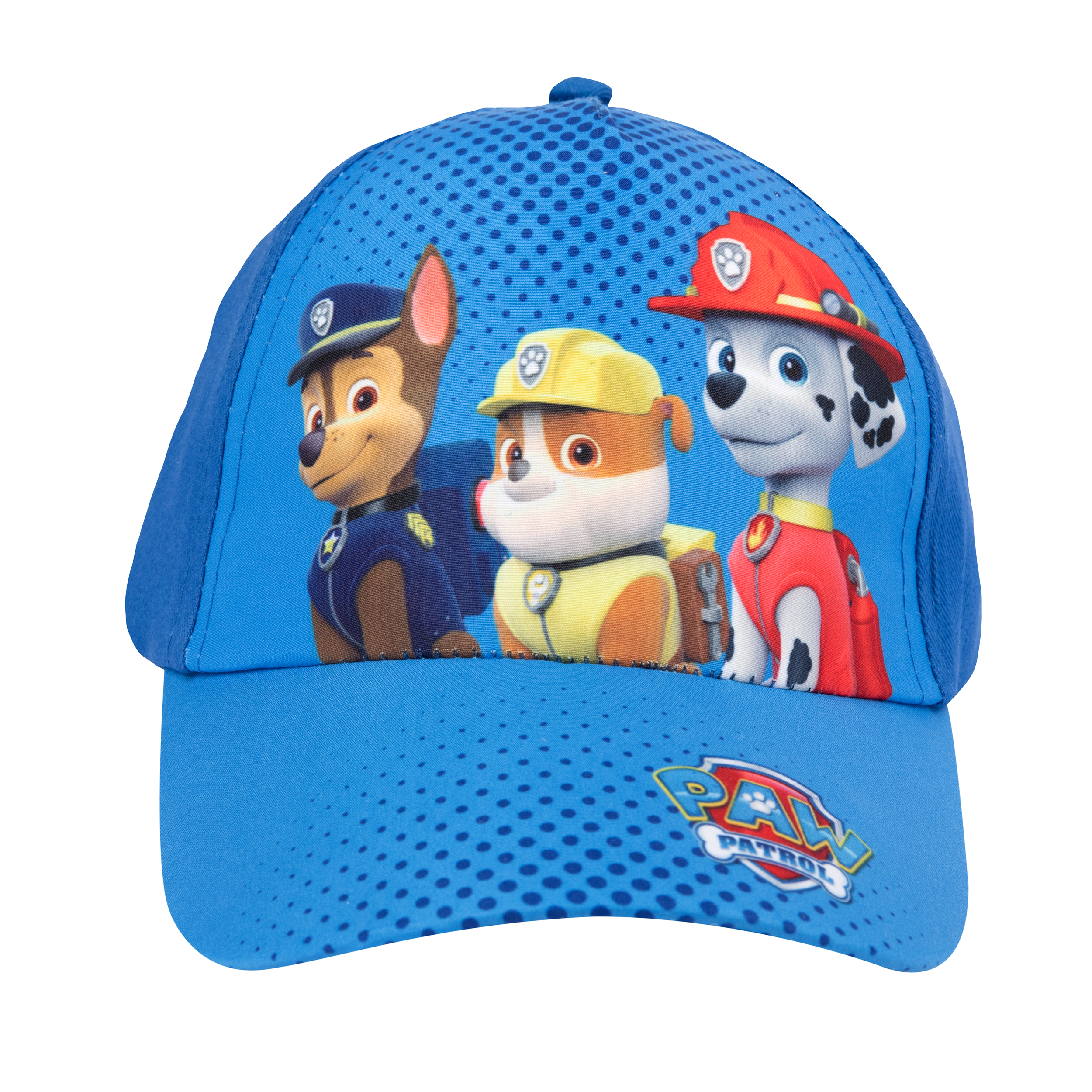 Blaue Paw Patrol-Kappe mit Zeichentrickfiguren. Figuren sind Chase, Rubble und Marshall.