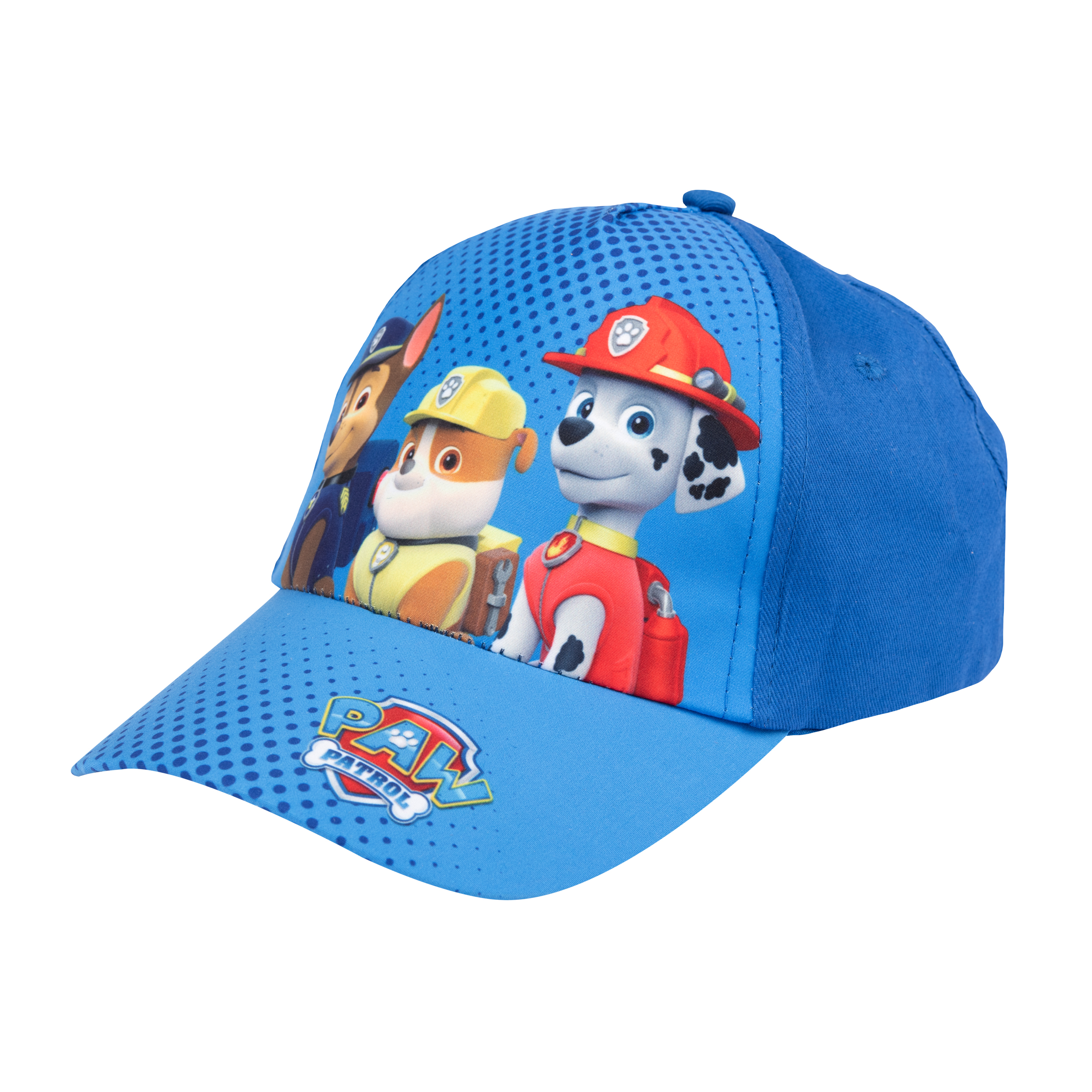 Eine blaue Baseballkappe mit Paw Patrol-Charakteren bedruckt. Chase, Marshall und ein Abzeichen sind sichtbar.