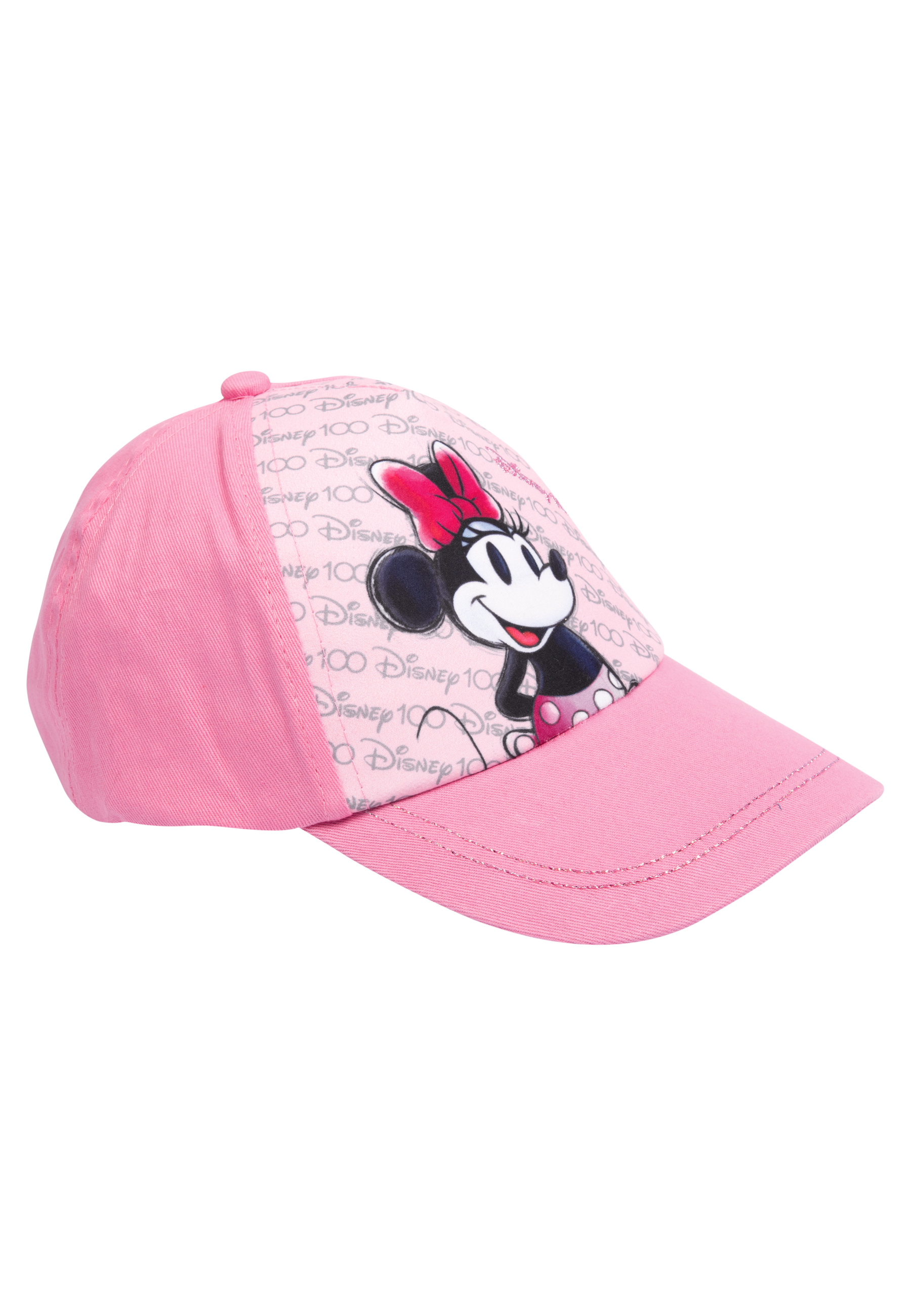 Eine rosa Baseballkappe mit Minnie Mouse auf der Vorderseite und dem Disney 100-Logo an der Seite.