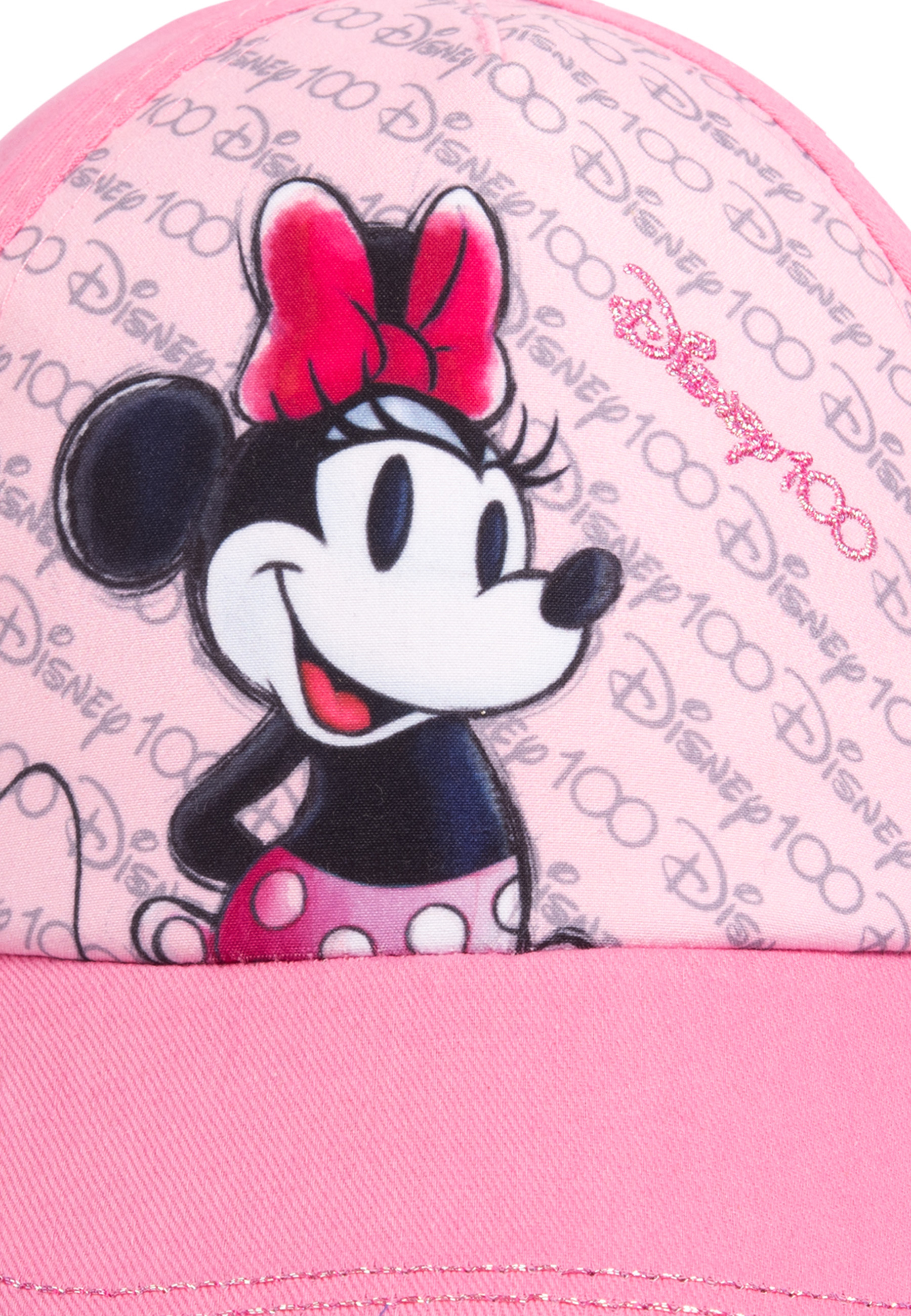 Eine rosa Minnie-Maus-Kappe mit Schleife und Logo.