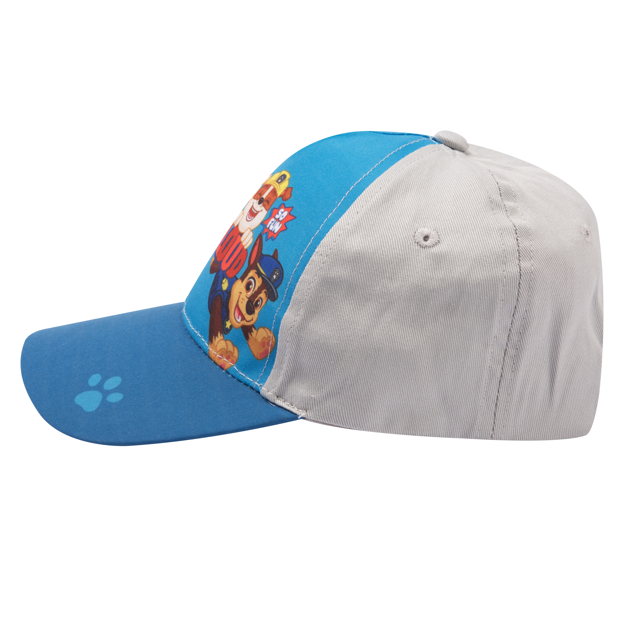 Paw Patrol Baseballkappe. Blaue Vorderseite mit Grafik. Graue Rückseite. Pfotenabdruck-Detail.
