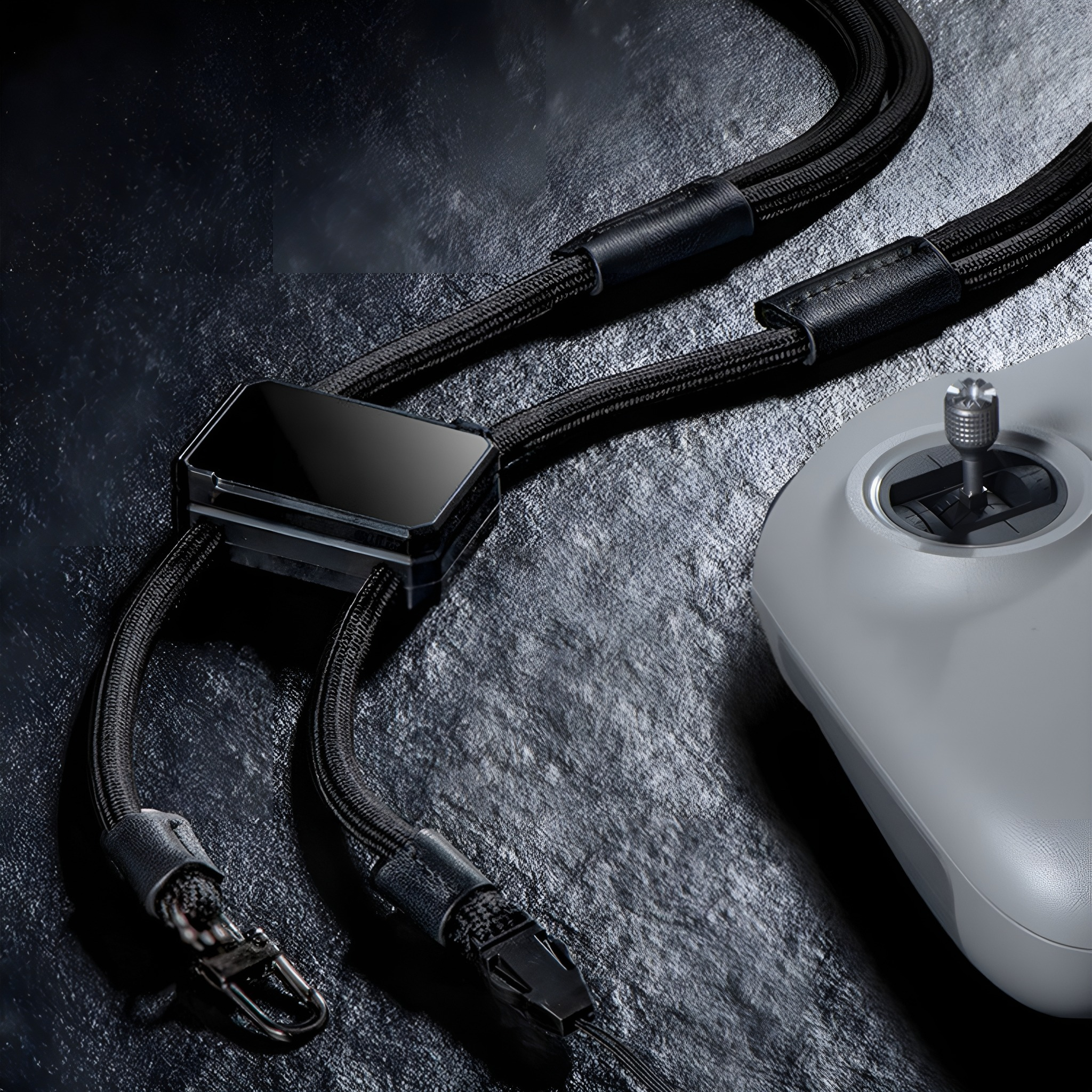 Schwarzes Drohnen-Controller-Lanyard mit Metallverschluss und Anschluss an die Drohne.