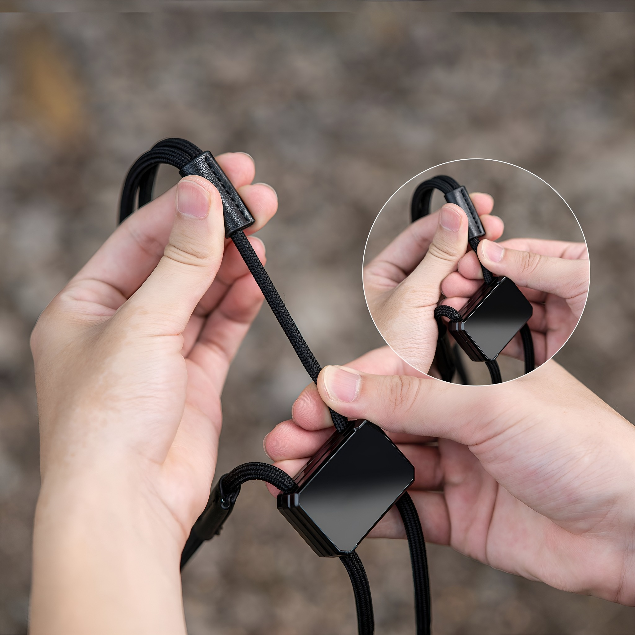 Hände halten ein schwarzes Kabel mit quadratischem Stecker. Eine Nahaufnahme zeigt die Stecker.