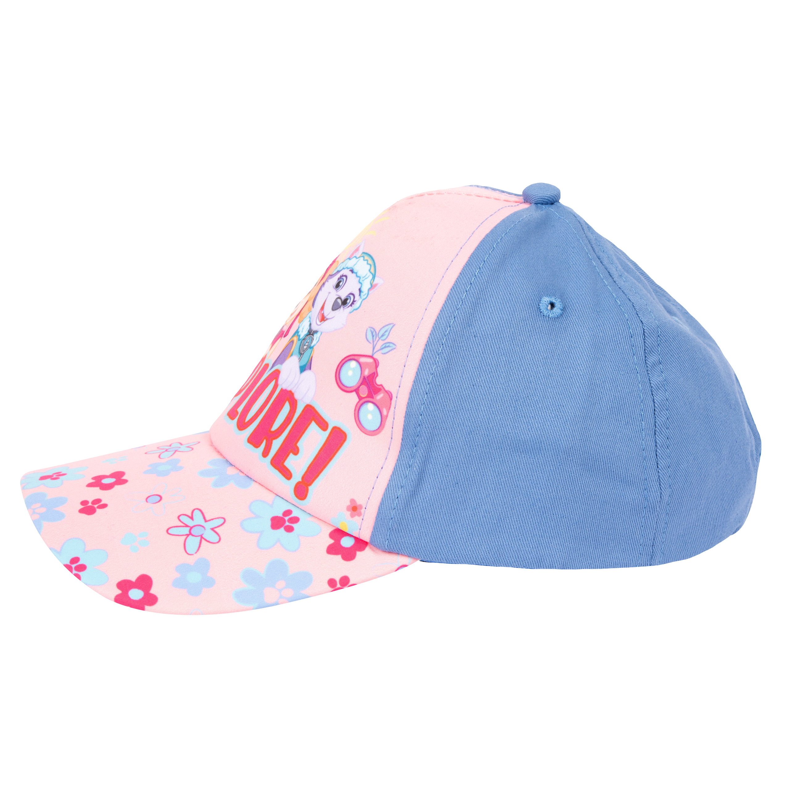 Eine rosa-blaue Baseballkappe mit einem Paw Patrol-Design. Auf der Vorderseite steht das Wort 'MORE!'